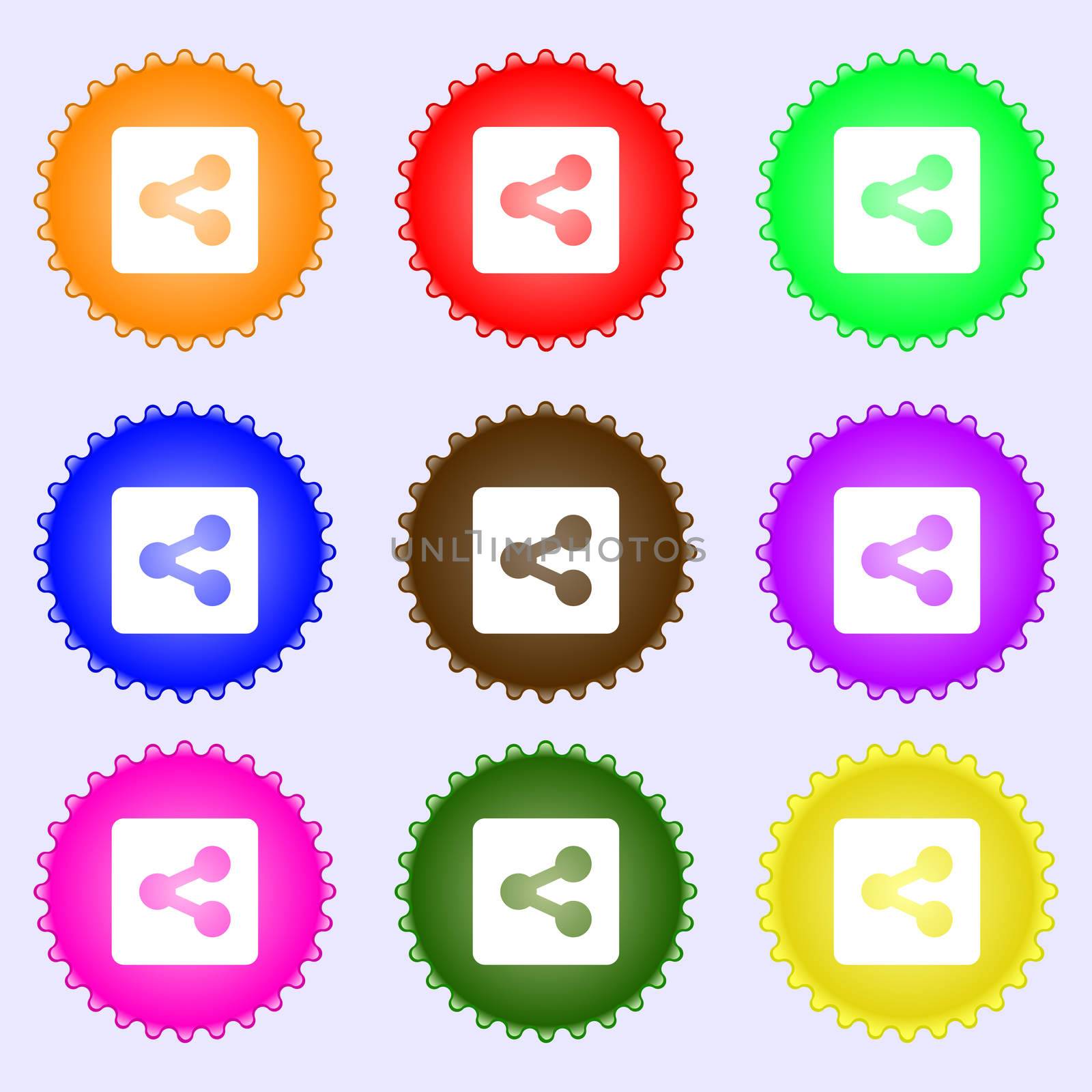 Share icon sign. A set of nine different colored labels. illustration