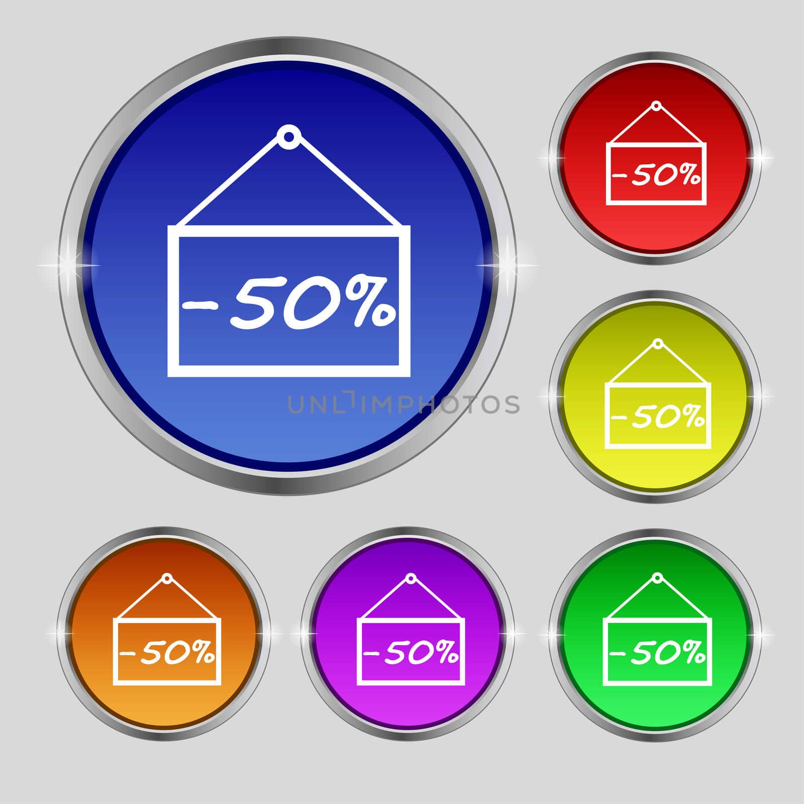 50 discount icon sign. Round symbol on bright colourful buttons.  by serhii_lohvyniuk