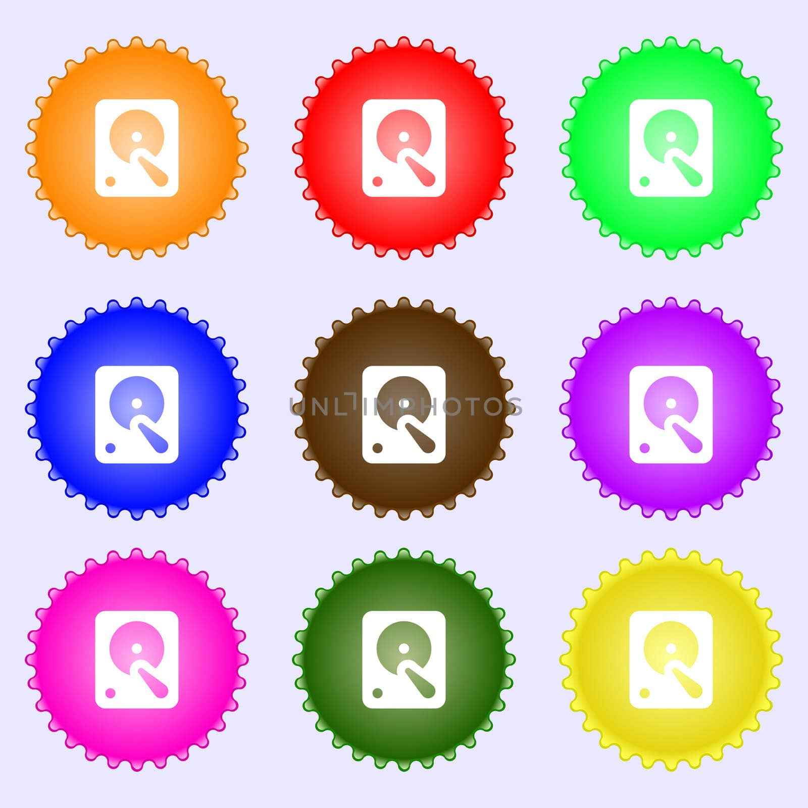 hard disk icon sign. A set of nine different colored labels.  by serhii_lohvyniuk