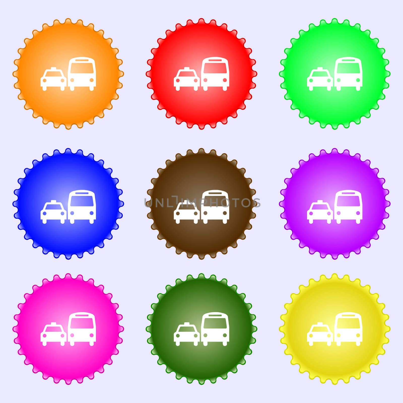 taxi icon sign. A set of nine different colored labels. illustration