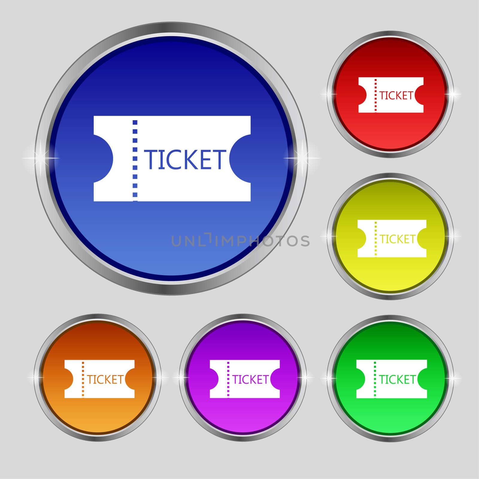 ticket icon sign. Round symbol on bright colourful buttons. illustration