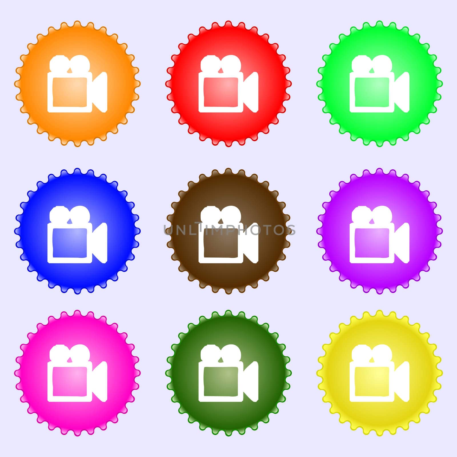 camcorder icon sign. A set of nine different colored labels. illustration