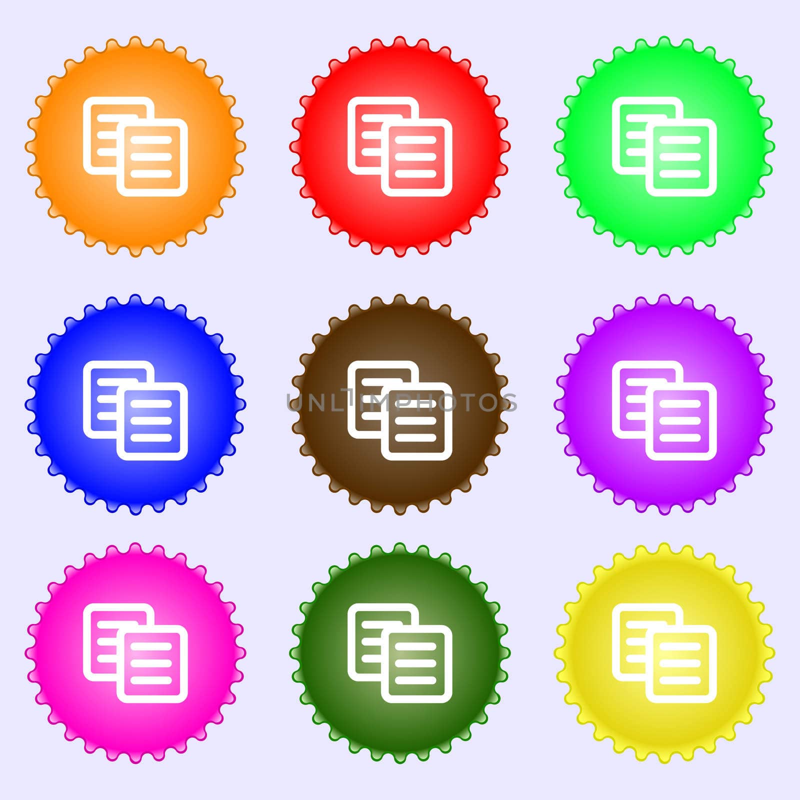 copy icon sign. A set of nine different colored labels.  by serhii_lohvyniuk