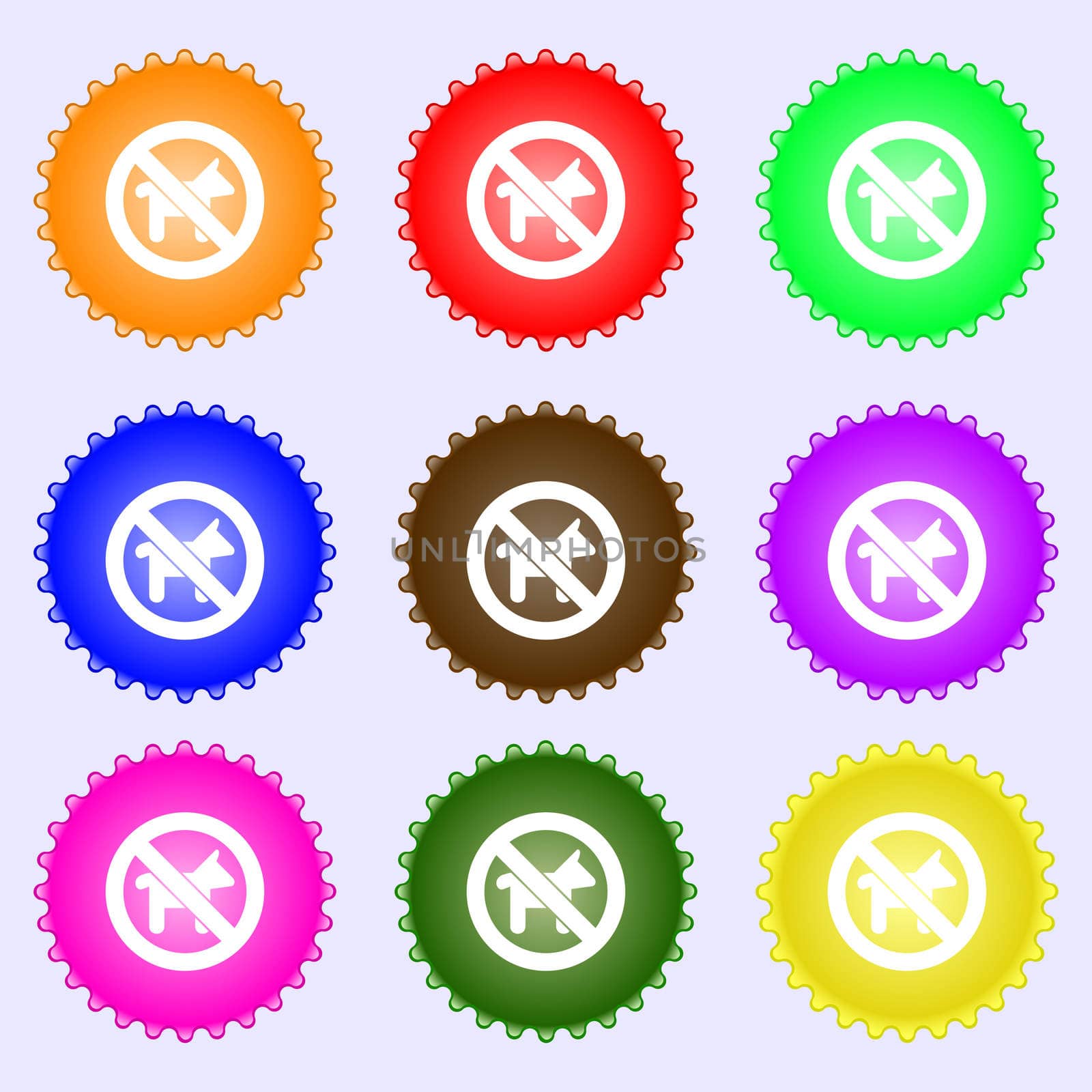 dog walking is prohibited icon sign. A set of nine different colored labels. illustration