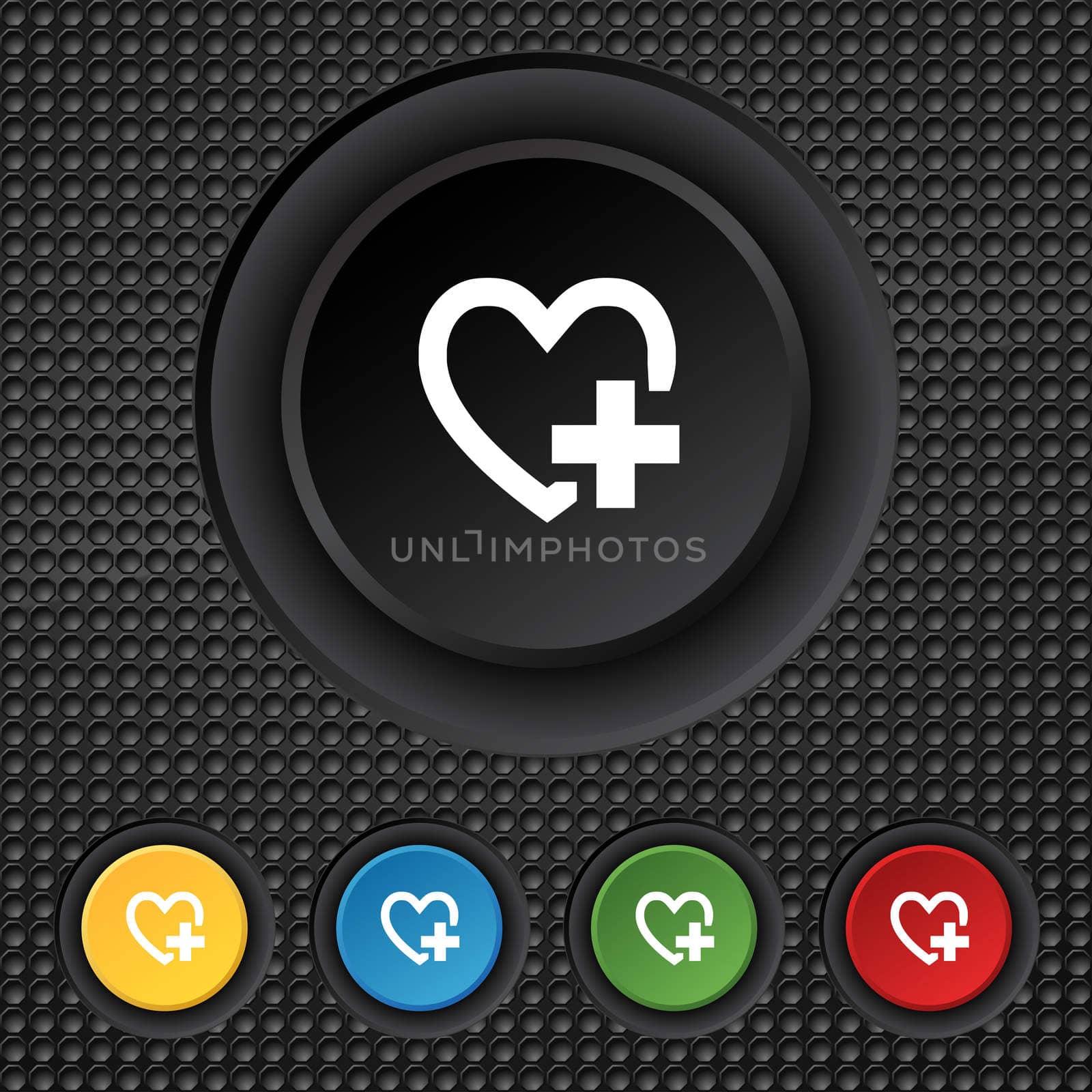 Medical heart sign icon. Cross symbol. Set colourful buttons.  by serhii_lohvyniuk