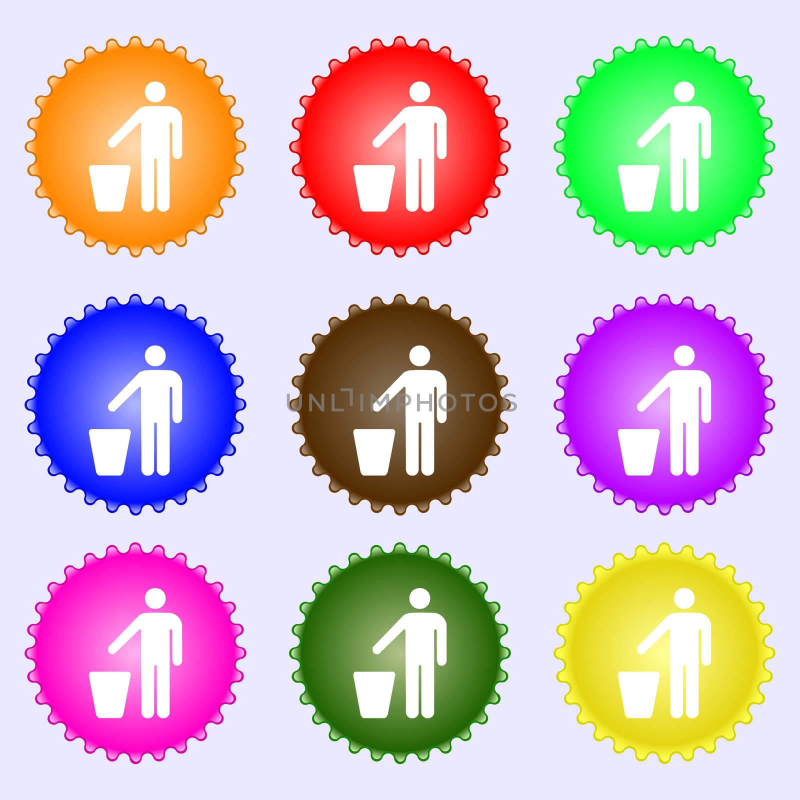 throw away the trash icon sign. A set of nine different colored labels. illustration