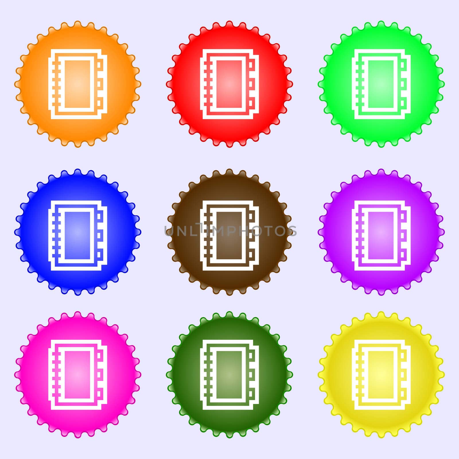 Book icon sign. A set of nine different colored labels. illustration