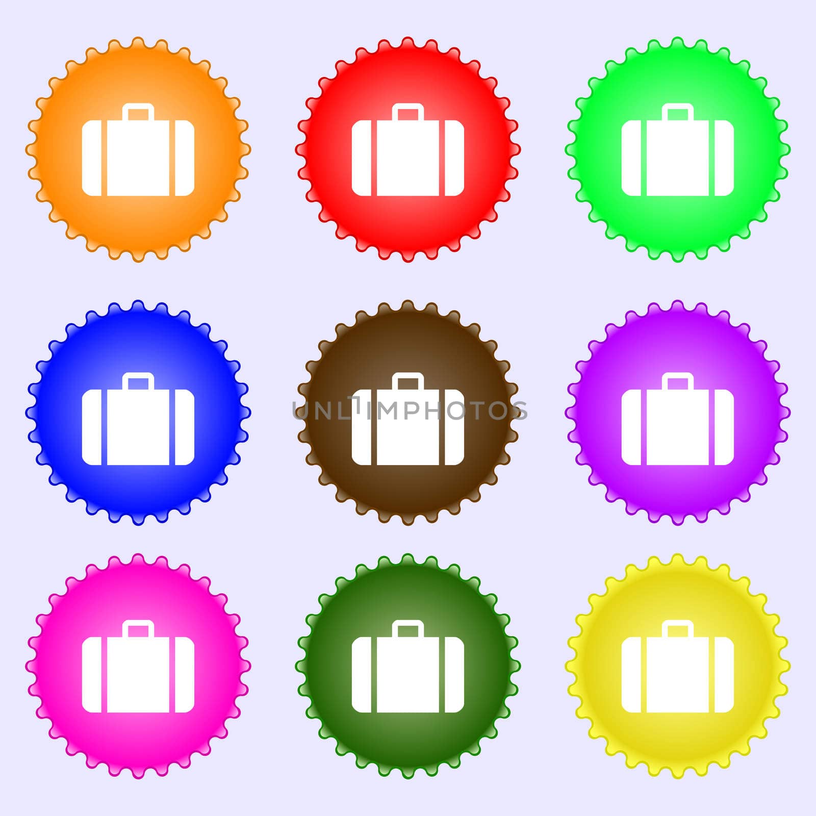 suitcase icon sign. A set of nine different colored labels.  by serhii_lohvyniuk