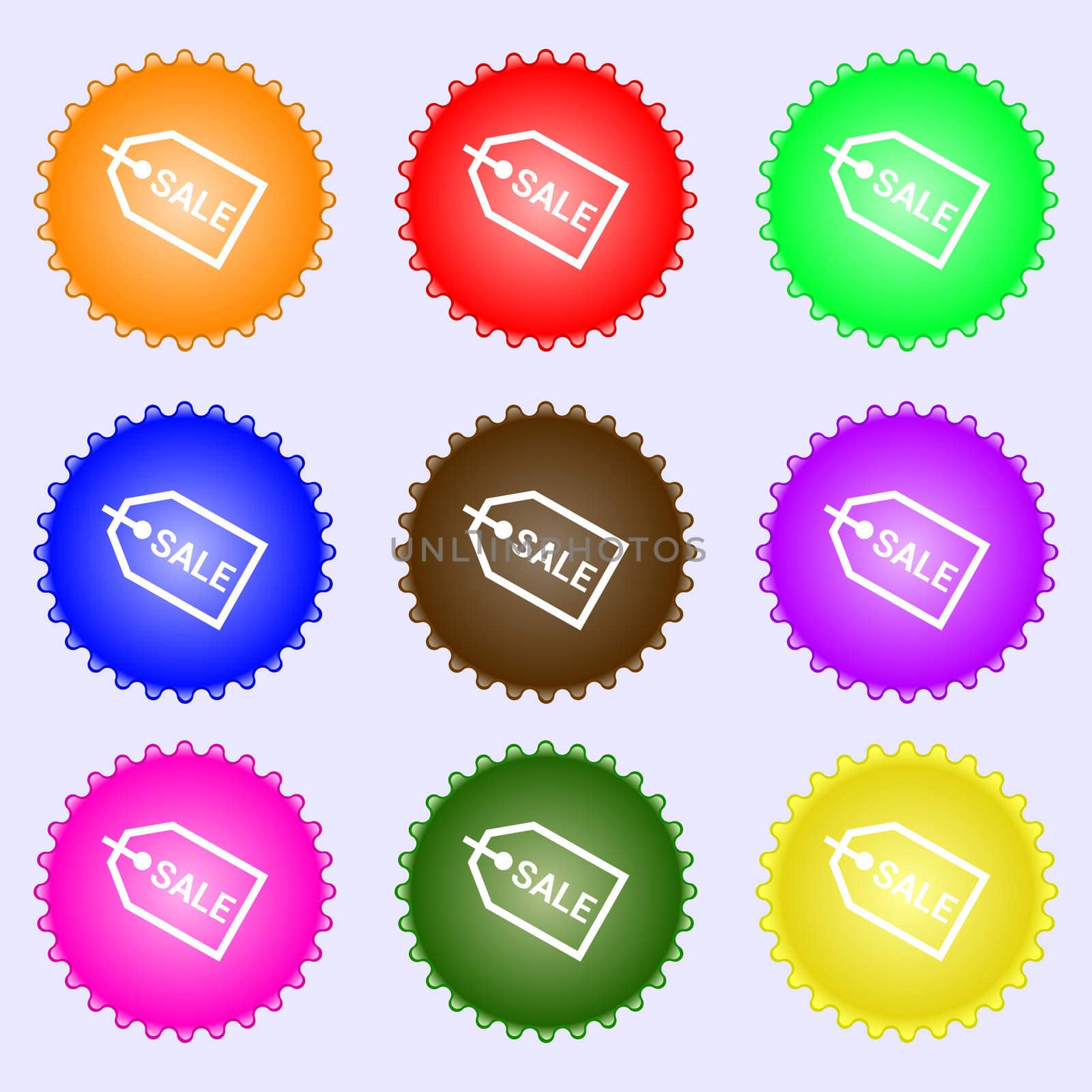 Sale icon sign. A set of nine different colored labels.  by serhii_lohvyniuk