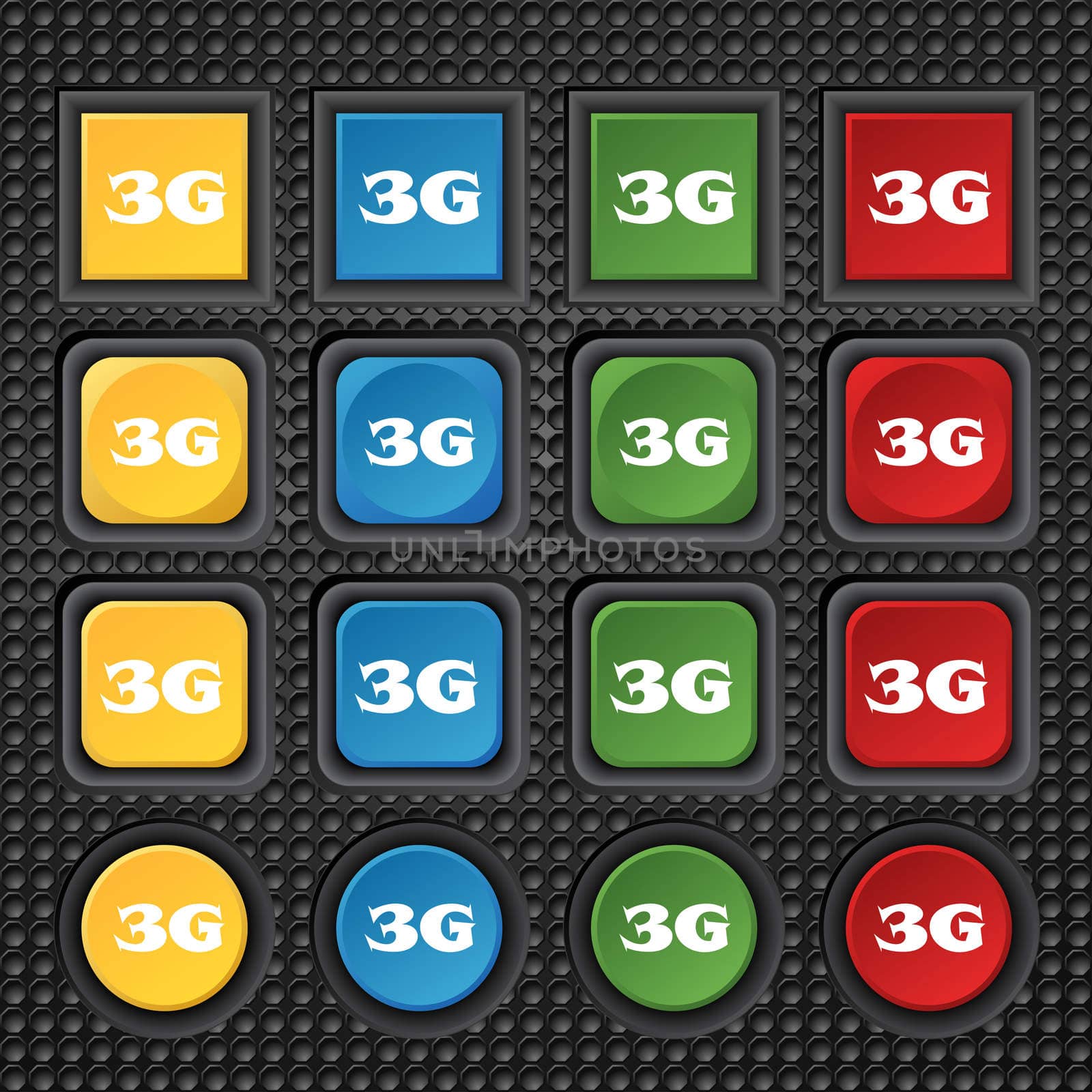 3G sign icon. Mobile telecommunications technology symbol. Set of colour buttons.  by serhii_lohvyniuk