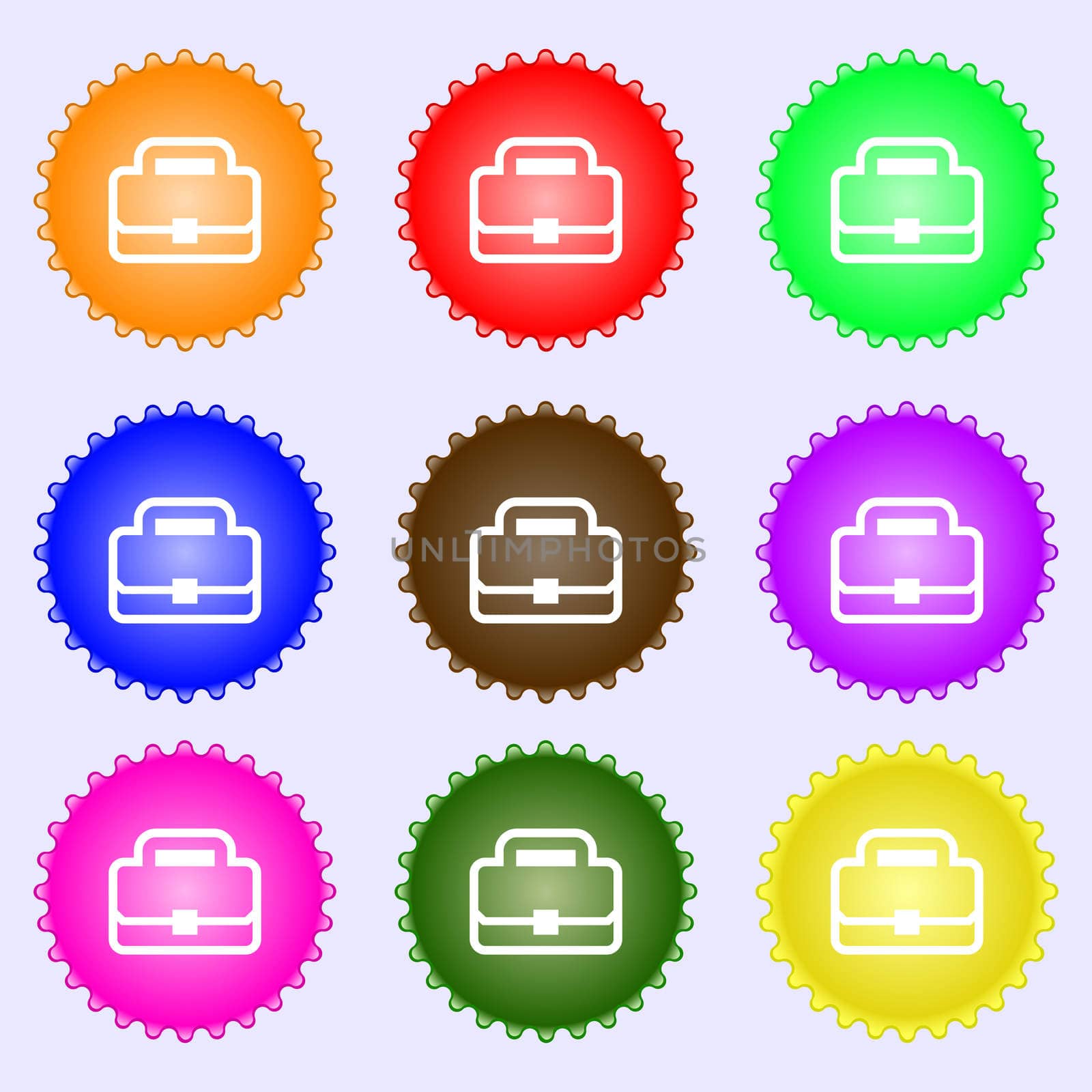 Briefcase icon sign. A set of nine different colored labels.  by serhii_lohvyniuk