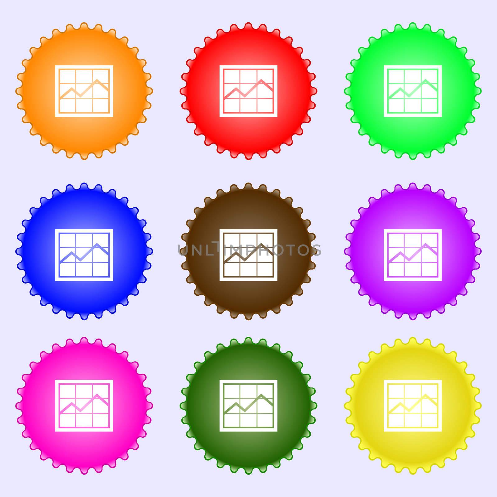 Chart icon sign. A set of nine different colored labels.  by serhii_lohvyniuk