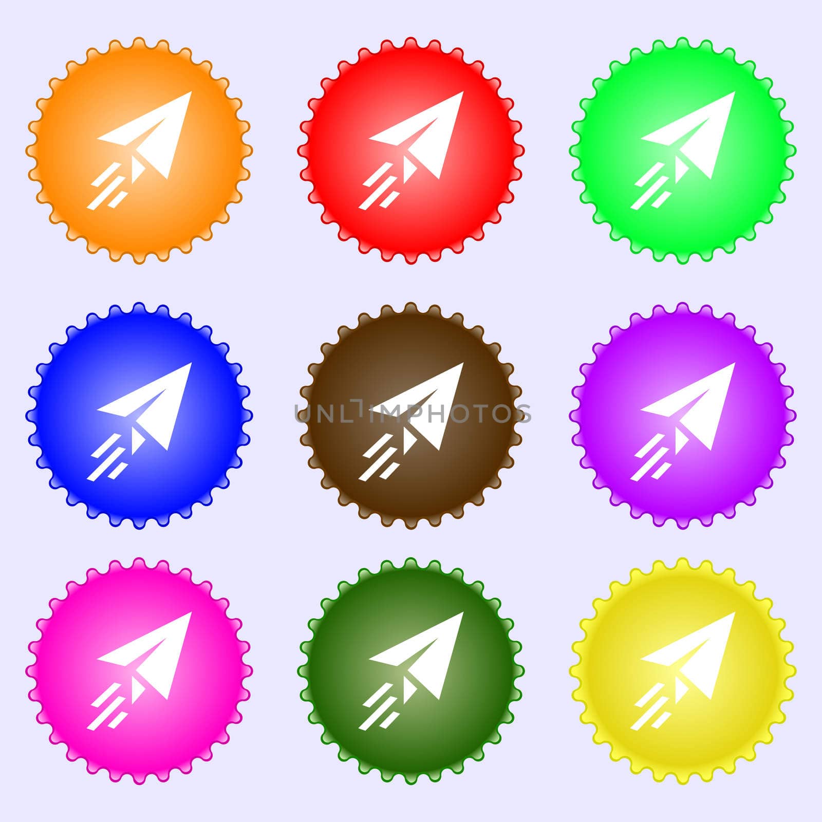 Paper airplane icon sign. A set of nine different colored labels.  by serhii_lohvyniuk