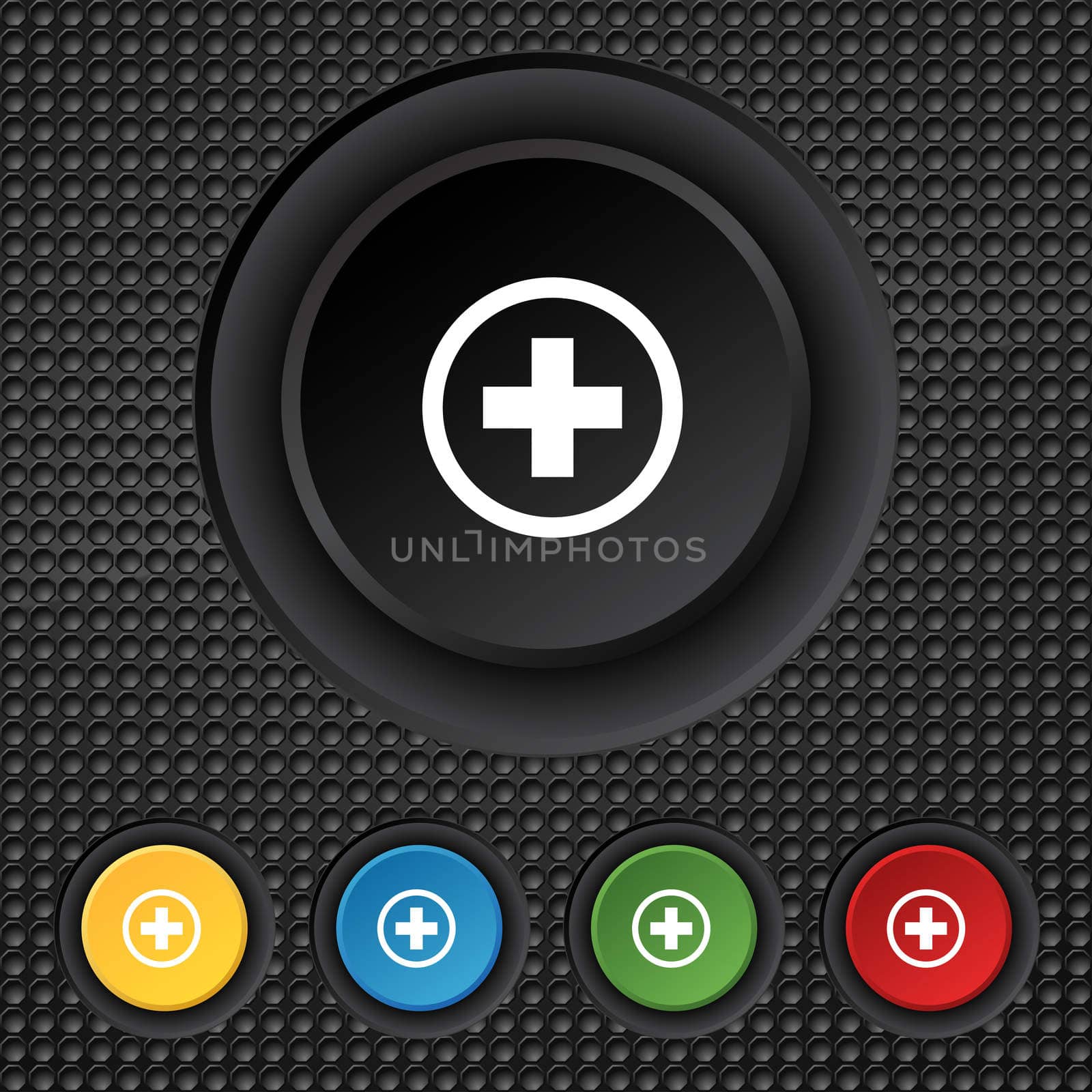 Plus sign icon. Positive symbol. Zoom in.Set colourful buttons illustration