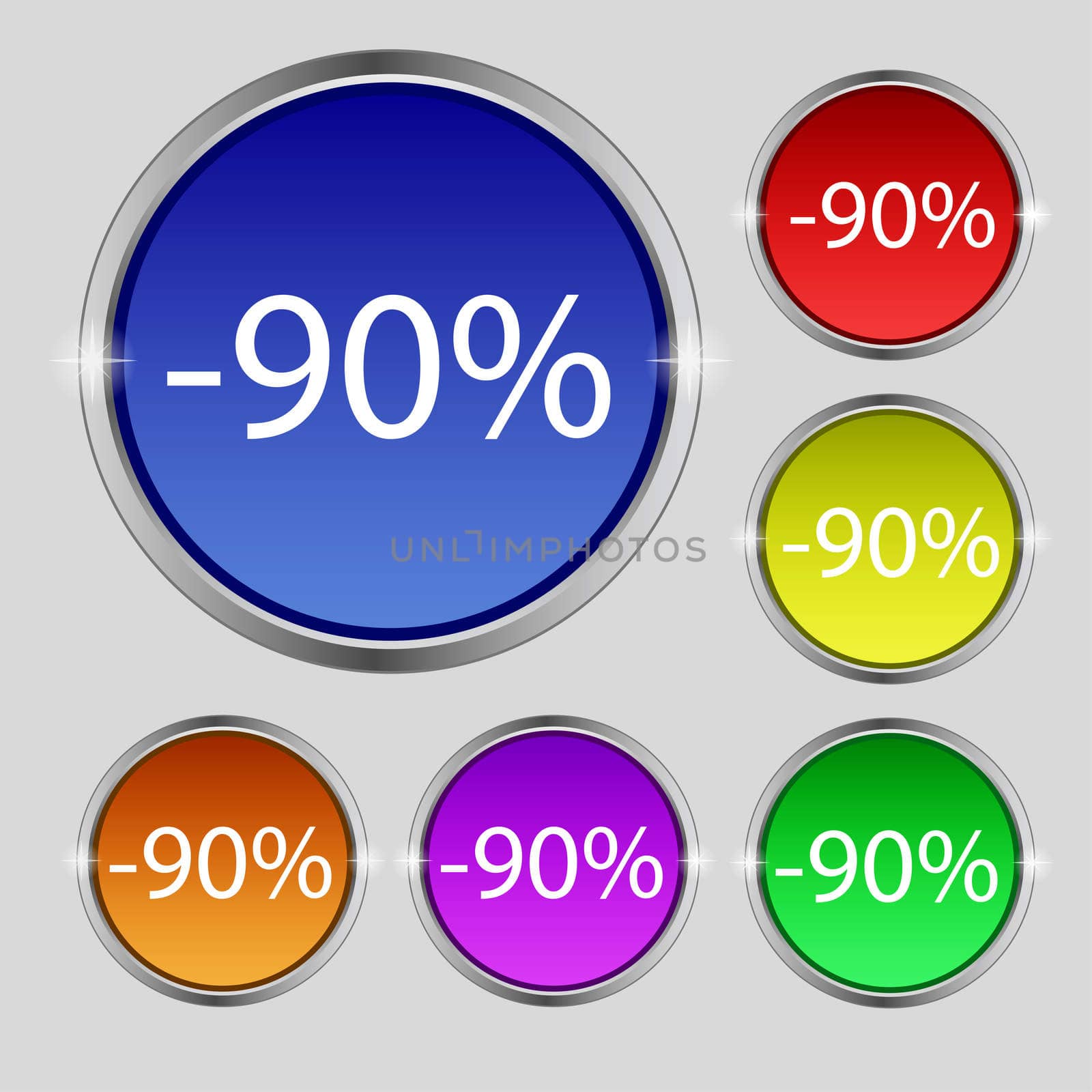 90 percent discount sign icon. Sale symbol. Special offer label. Set of colored buttons  by serhii_lohvyniuk