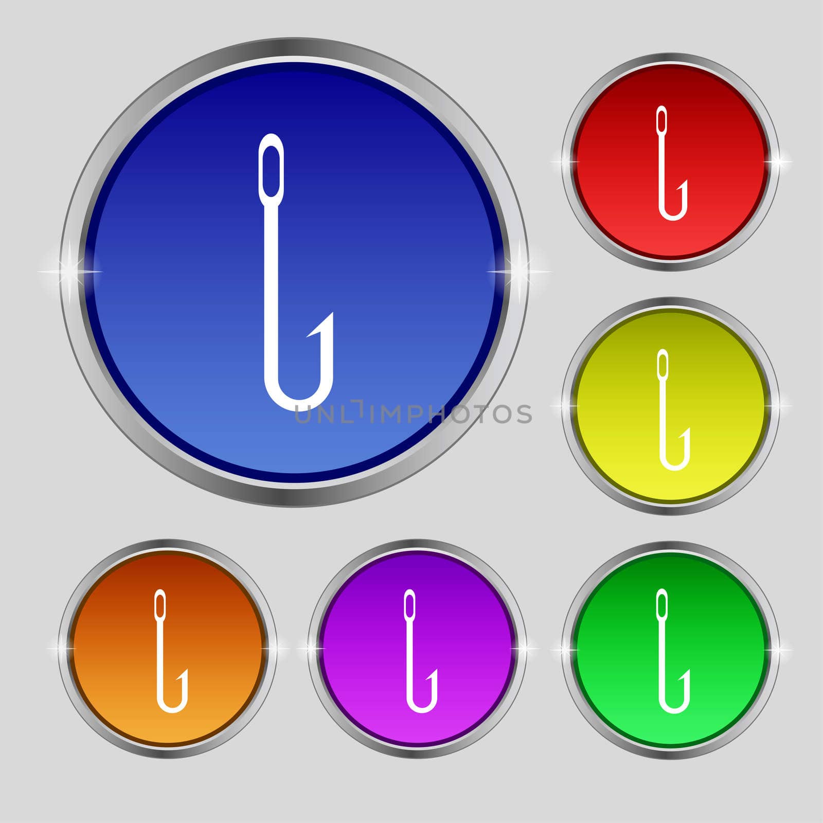 Fishing hook icon sign. Round symbol on bright colourful buttons.  by serhii_lohvyniuk