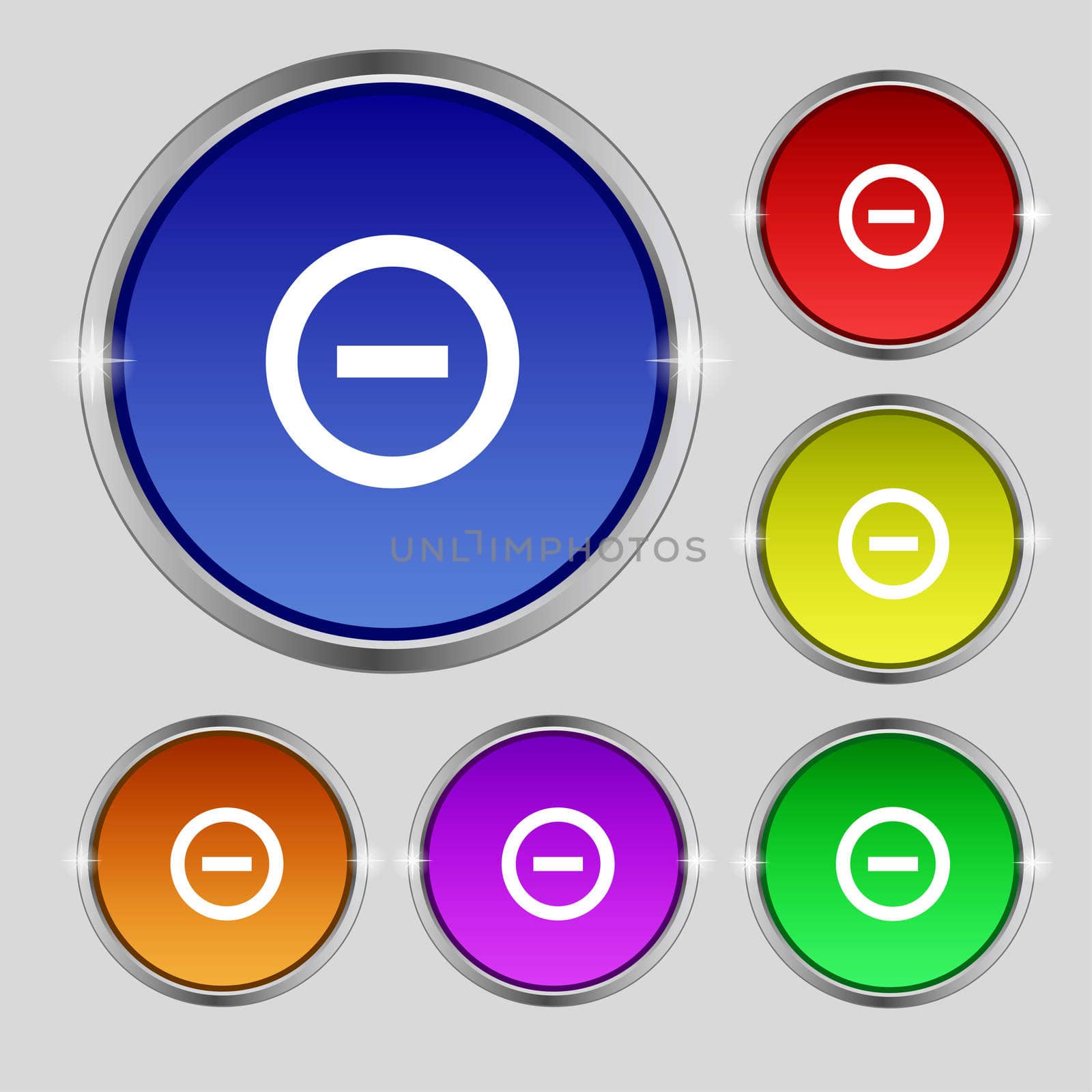 Minus, Negative, zoom, stop icon sign. Round symbol on bright colourful buttons. illustration