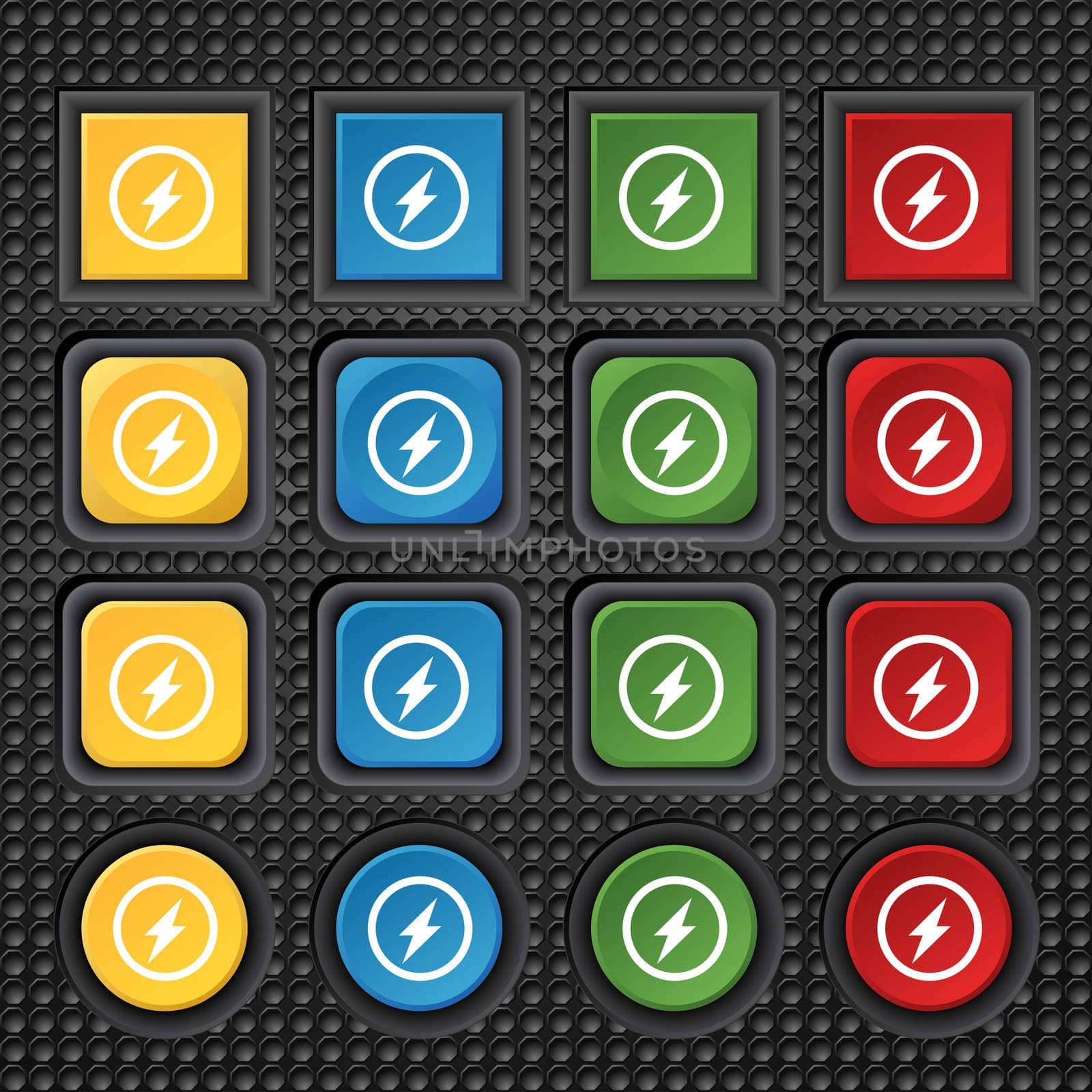 Photo flash sign icon. Lightning symbol. Set of colour buttons.  by serhii_lohvyniuk