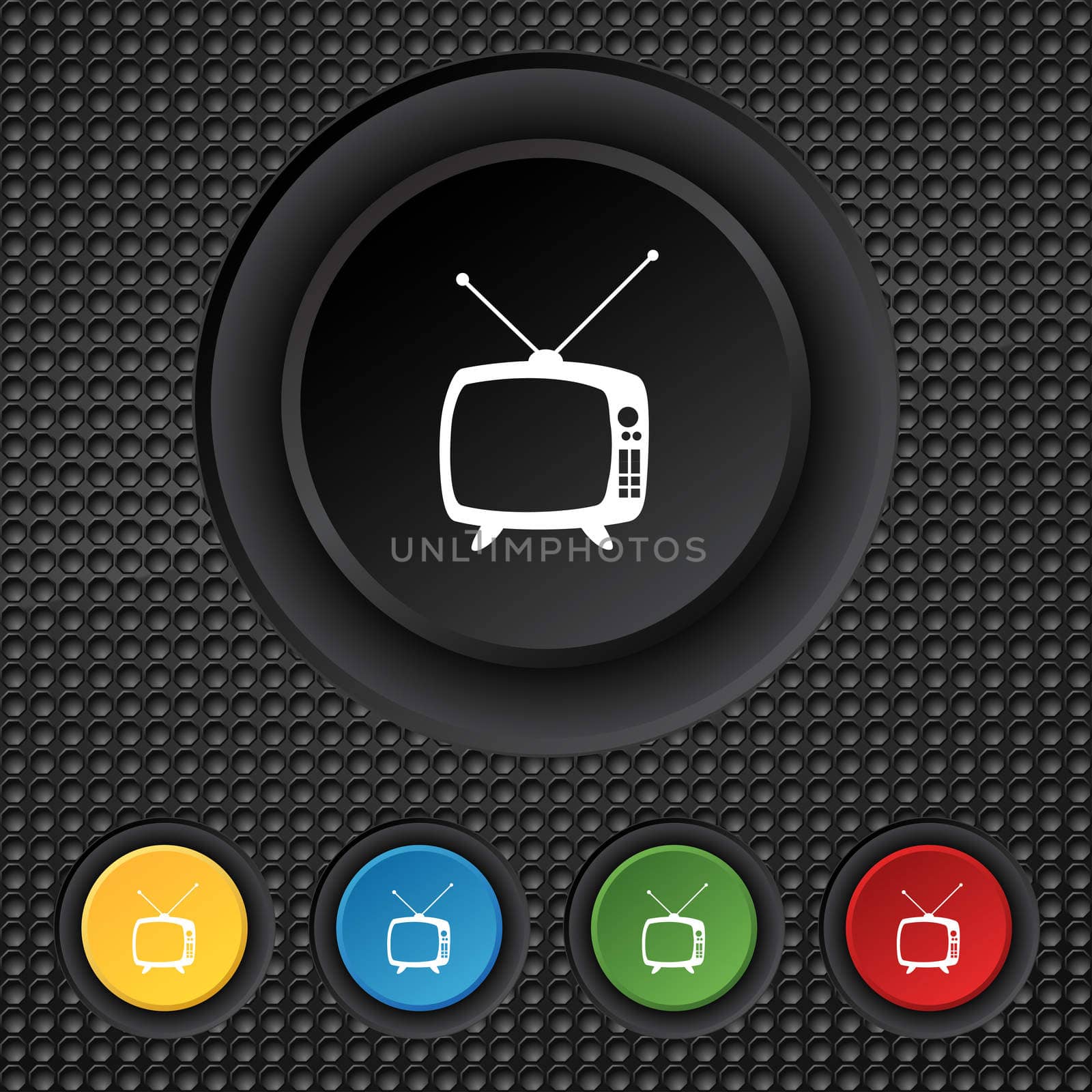 Retro TV mode sign icon. Television set symbol. Set colourful buttons. Hand cursor pointer illustration