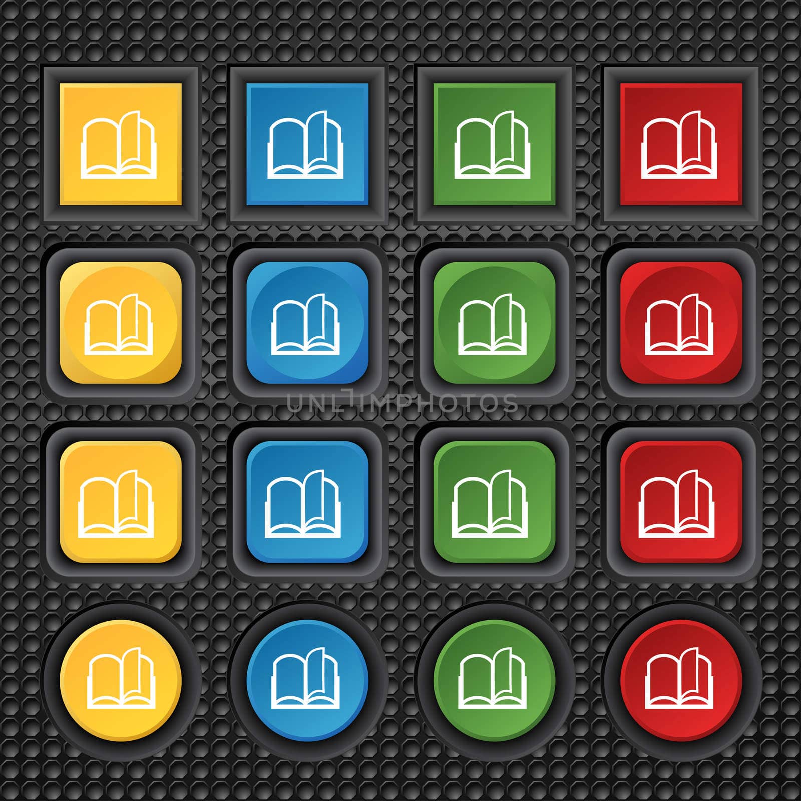 Book sign icon. Open book symbol. Set of colored buttons.  by serhii_lohvyniuk