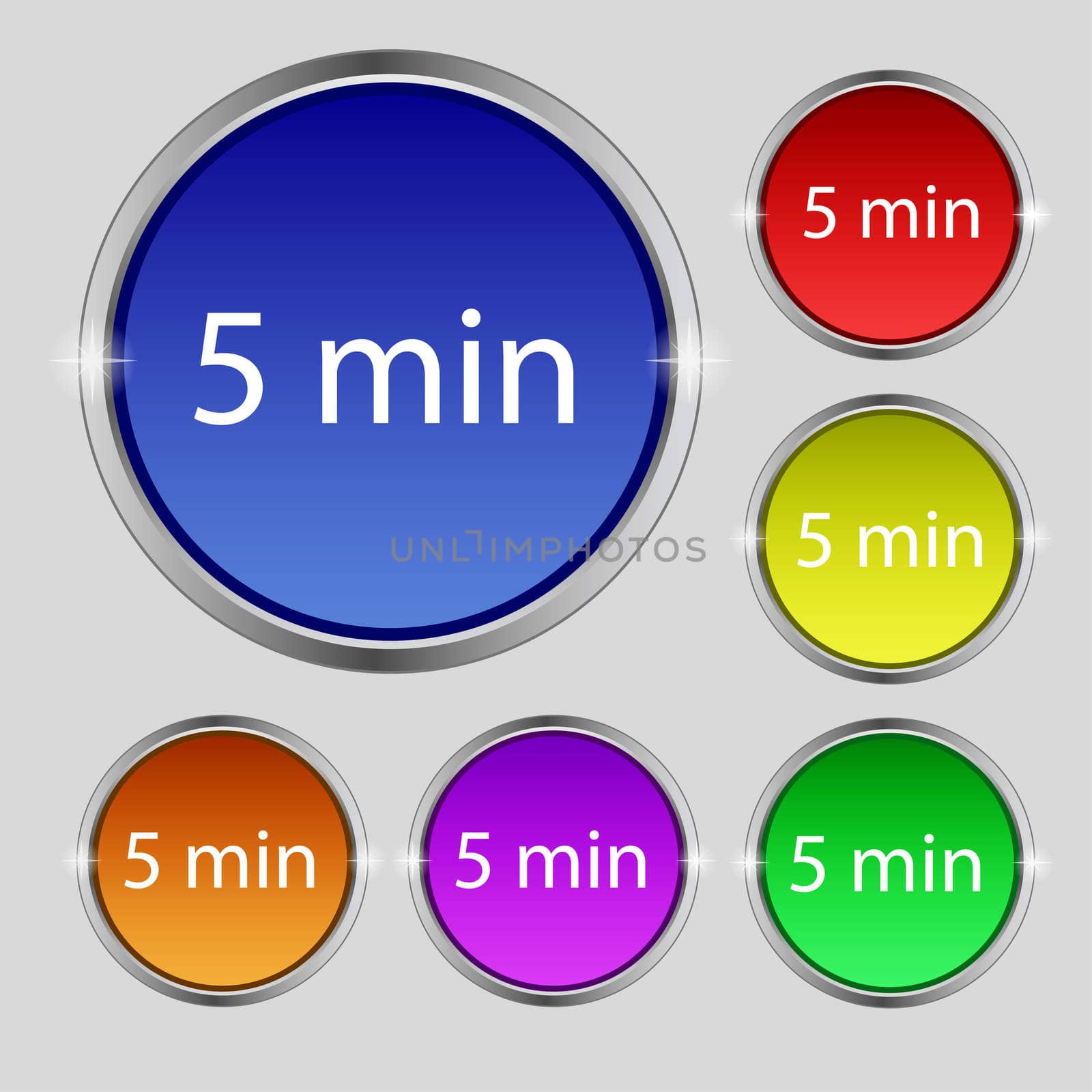 Five minutes sign icon. Set of colored buttons.  by serhii_lohvyniuk