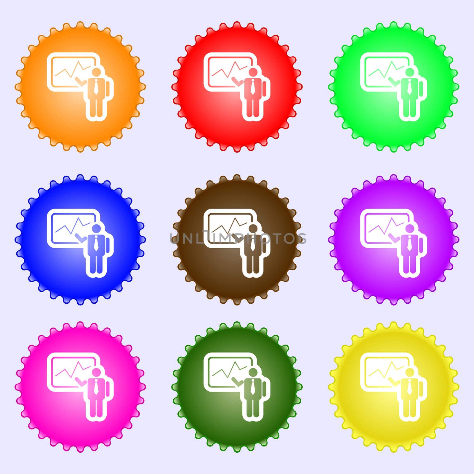 businessman making report icon sign. A set of nine different colored labels. illustration