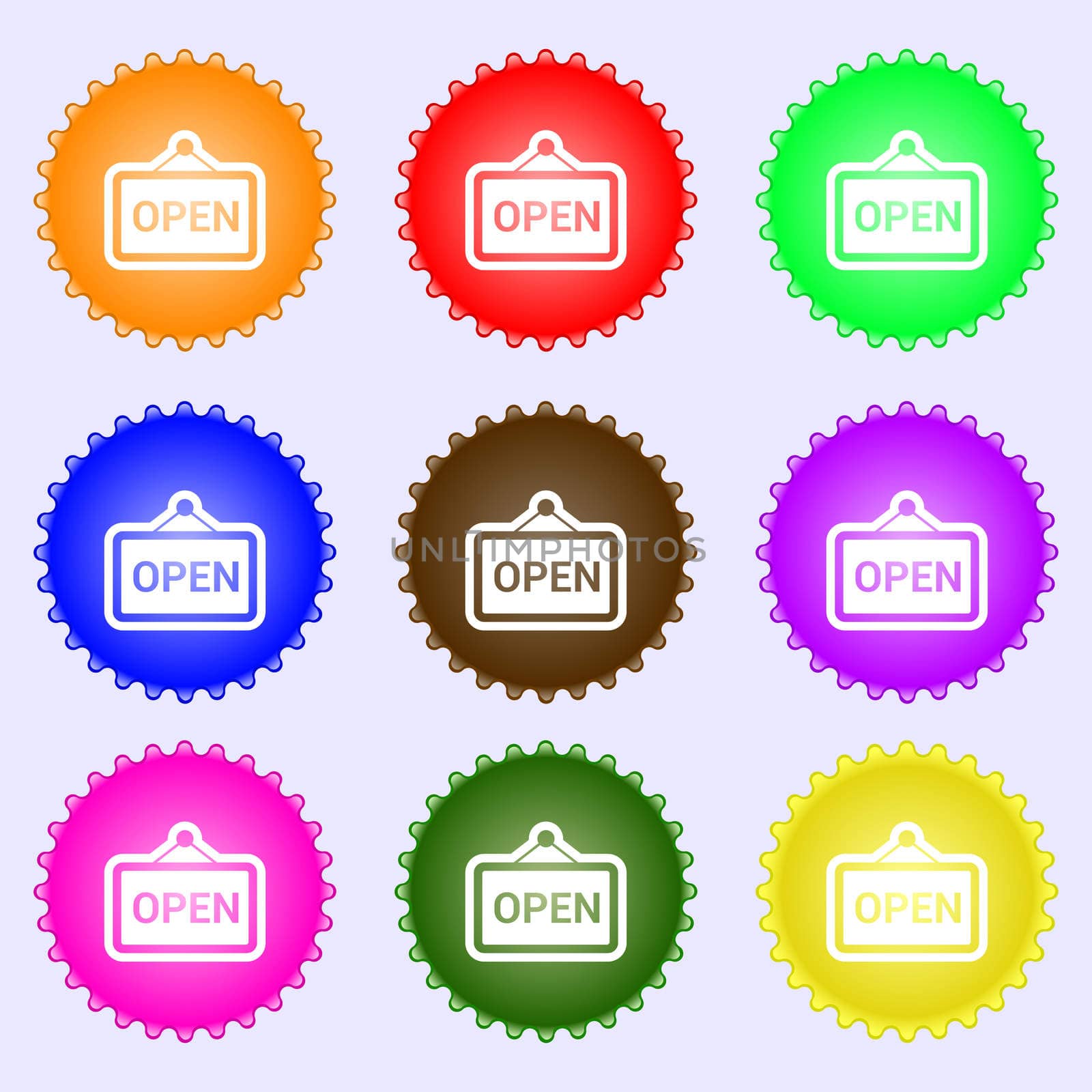 open icon sign. A set of nine different colored labels.  by serhii_lohvyniuk