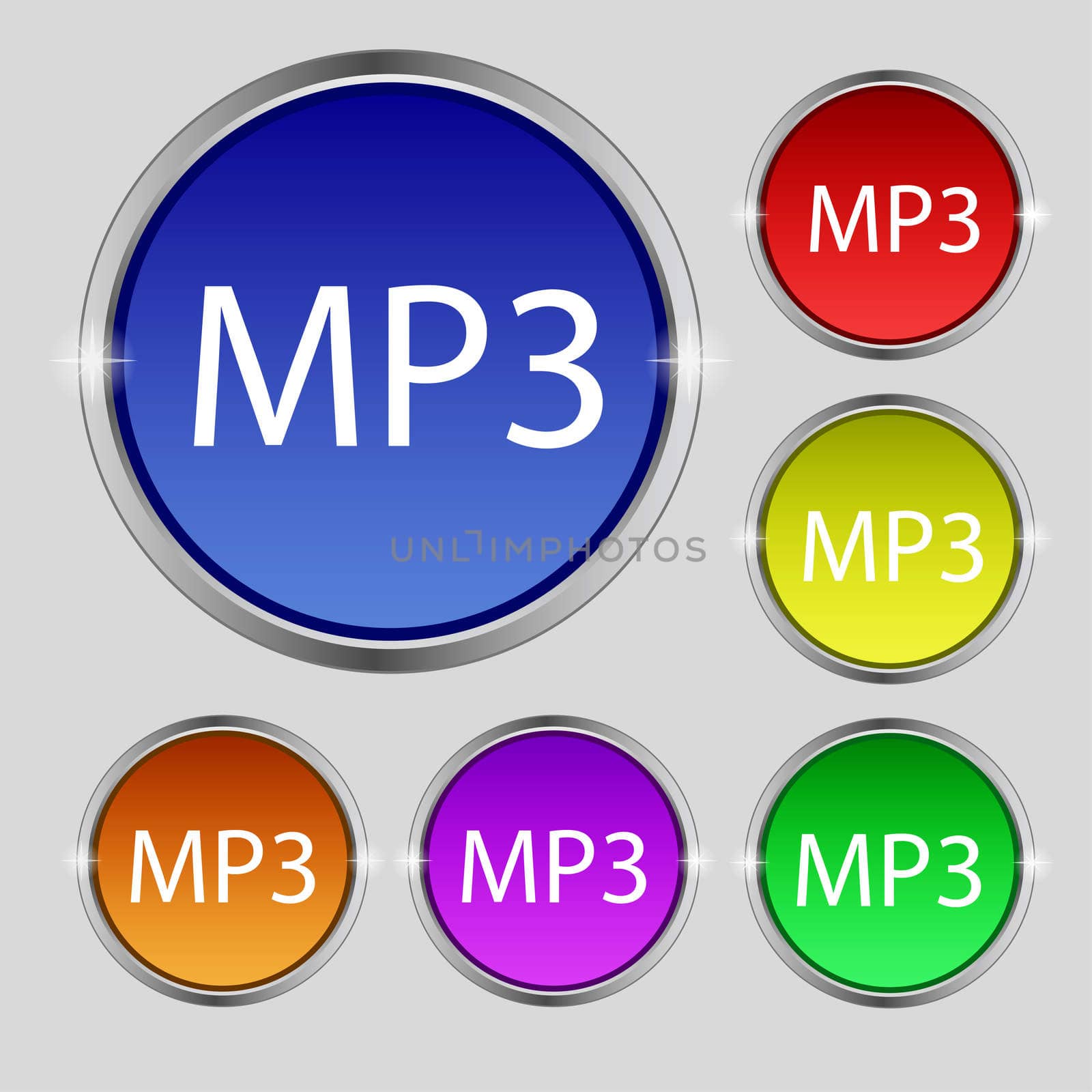 Mp3 music format sign icon. Musical symbol. Set of colored buttons. illustration