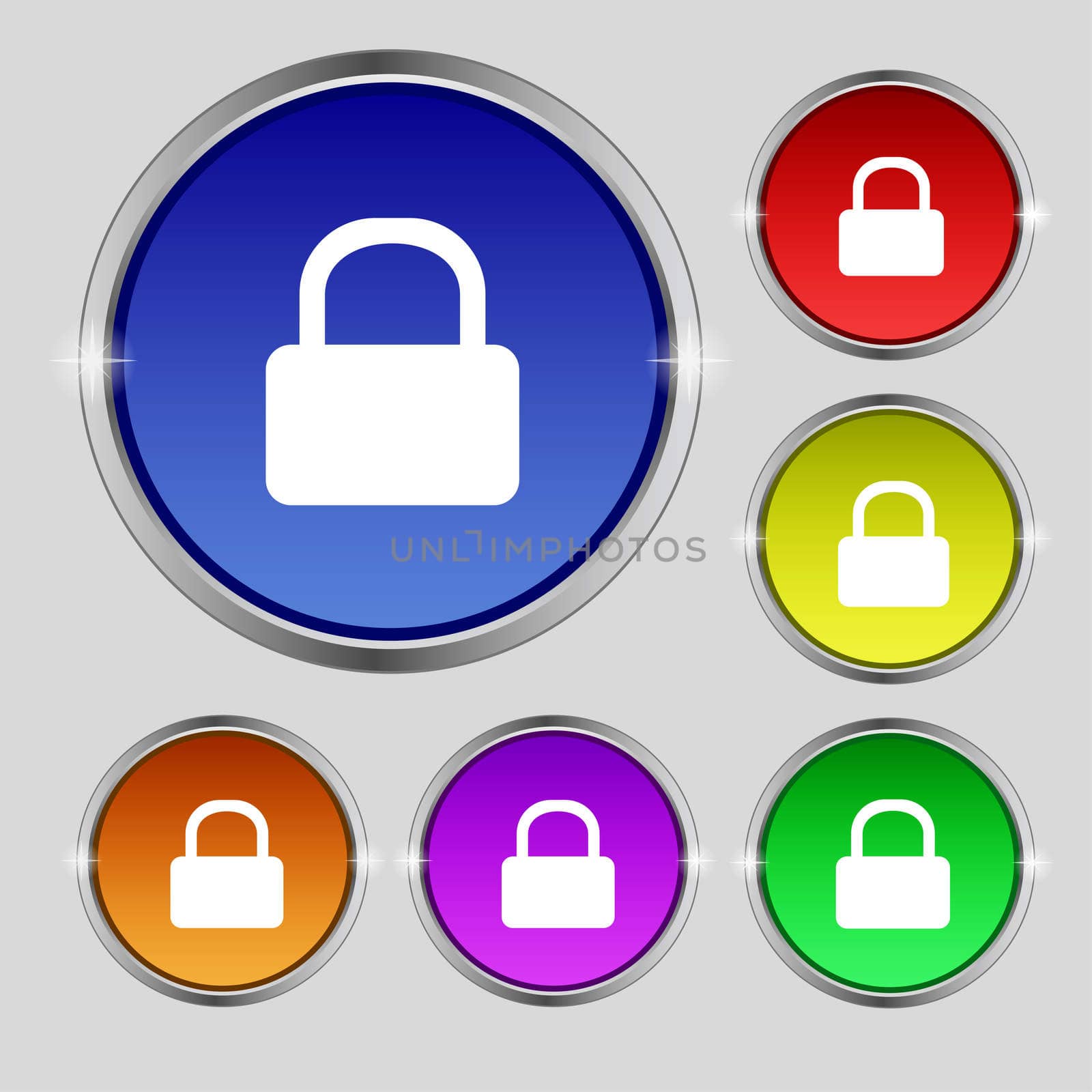Pad Lock icon sign. Round symbol on bright colourful buttons.  by serhii_lohvyniuk