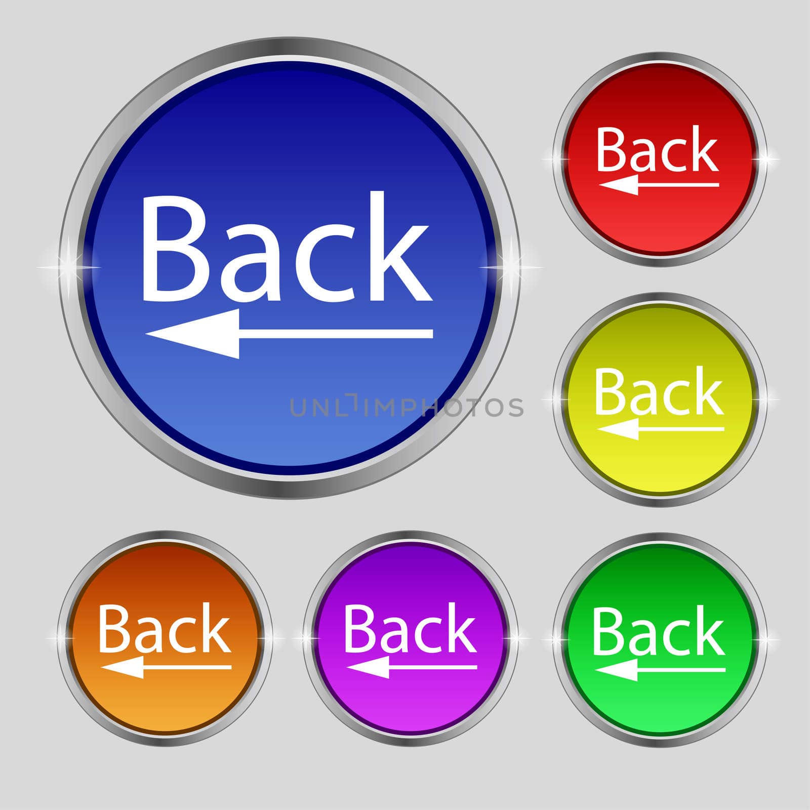 Arrow sign icon. Back button. Navigation symbol. Set of colored buttons illustration