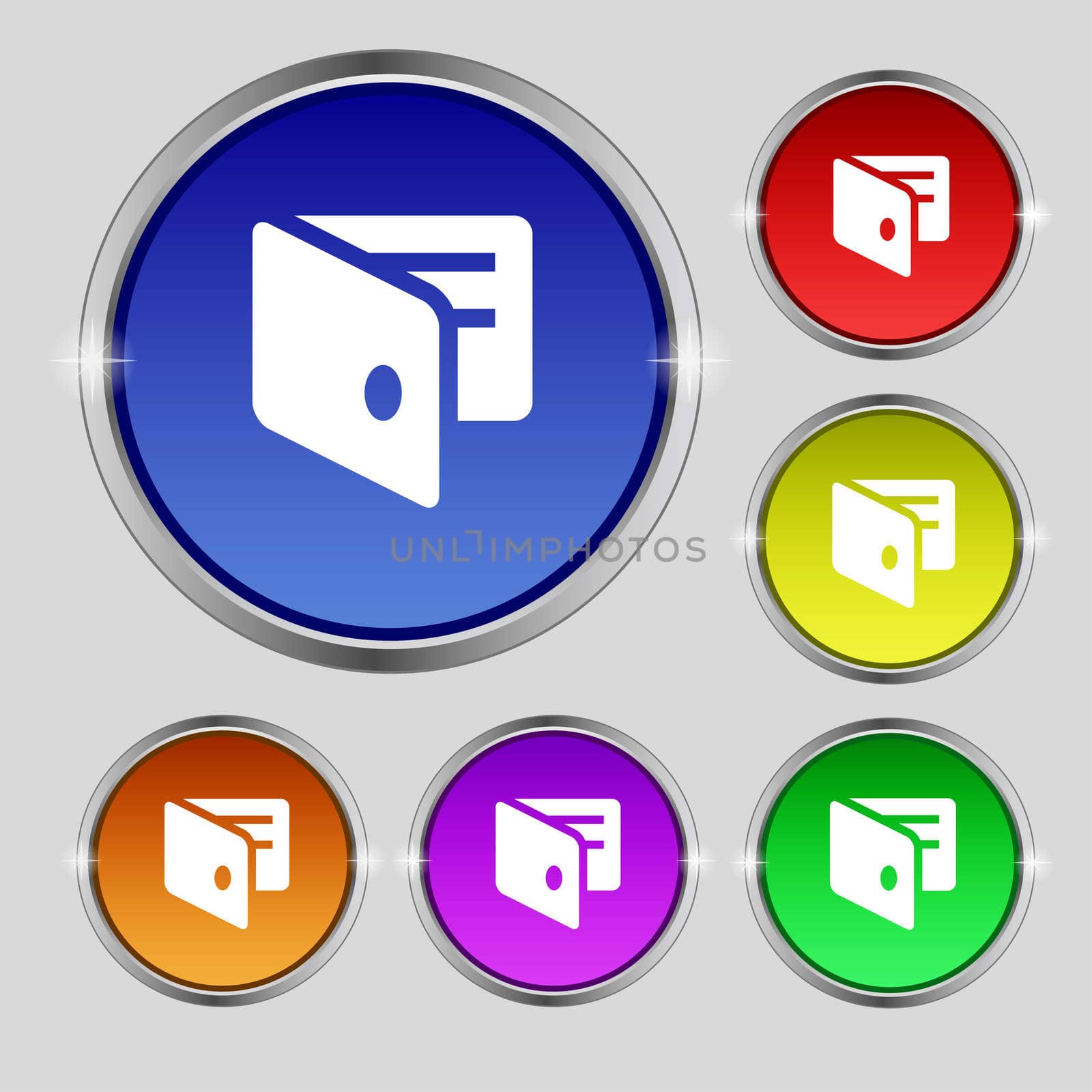 eWallet, Electronic wallet, Business Card Holder icon sign. Round symbol on bright colourful buttons. illustration