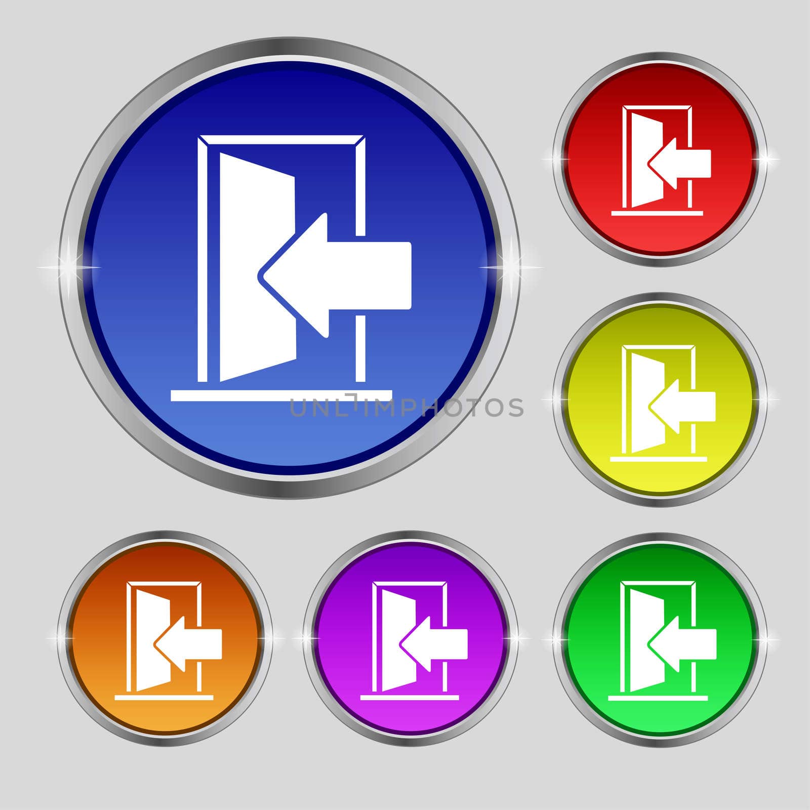 Door, Enter or exit icon sign. Round symbol on bright colourful buttons. illustration