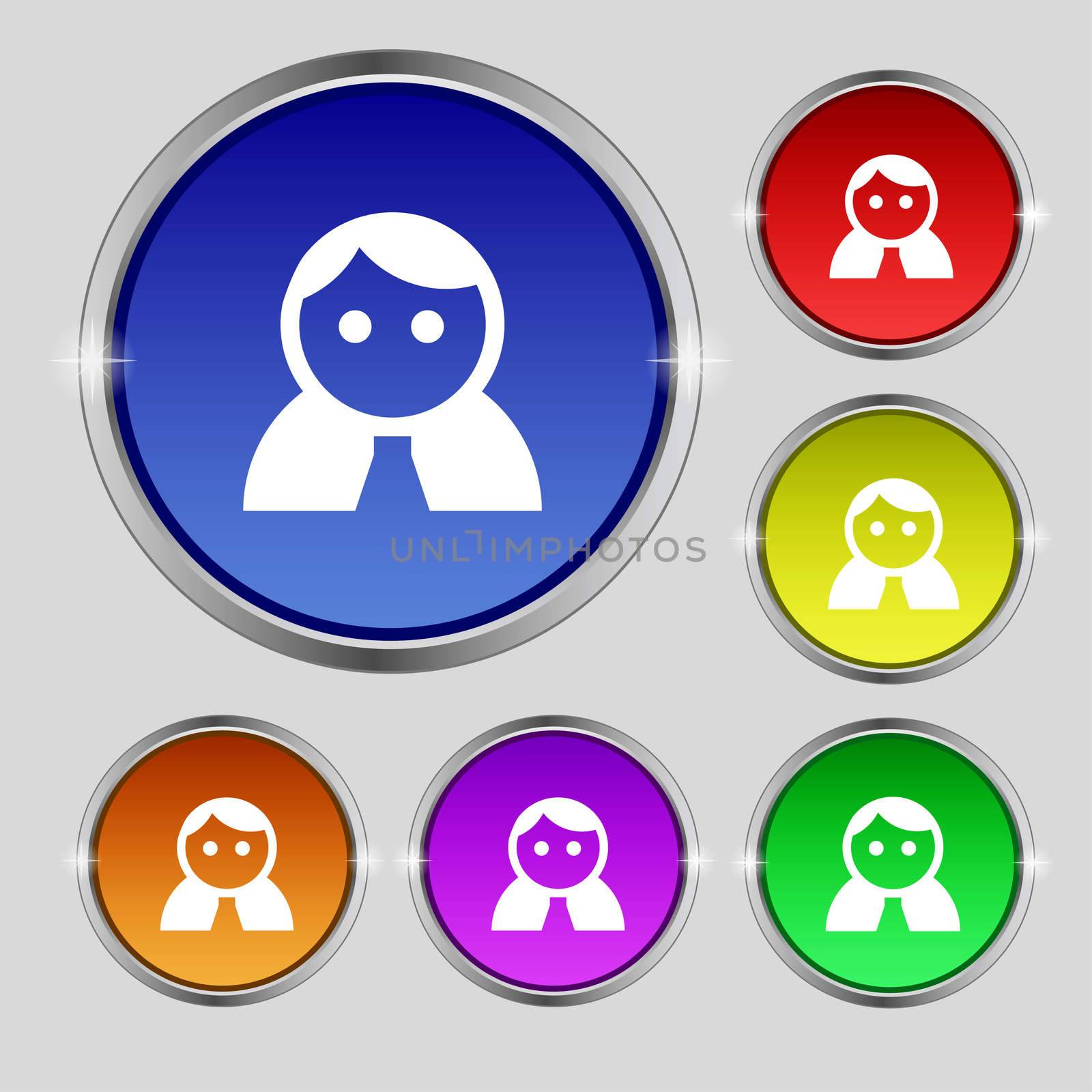 Female, Woman human, Women toilet, User, Login icon sign. Round symbol on bright colourful buttons. illustration