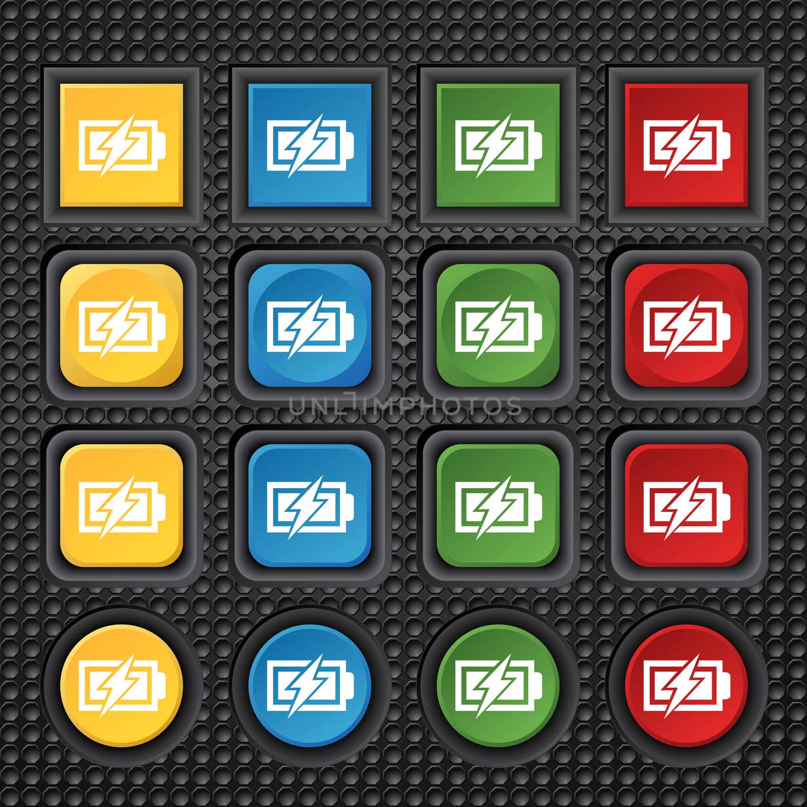 Battery charging sign icon. Lightning symbol. Set of colour buttons. Modern interface website button illustration