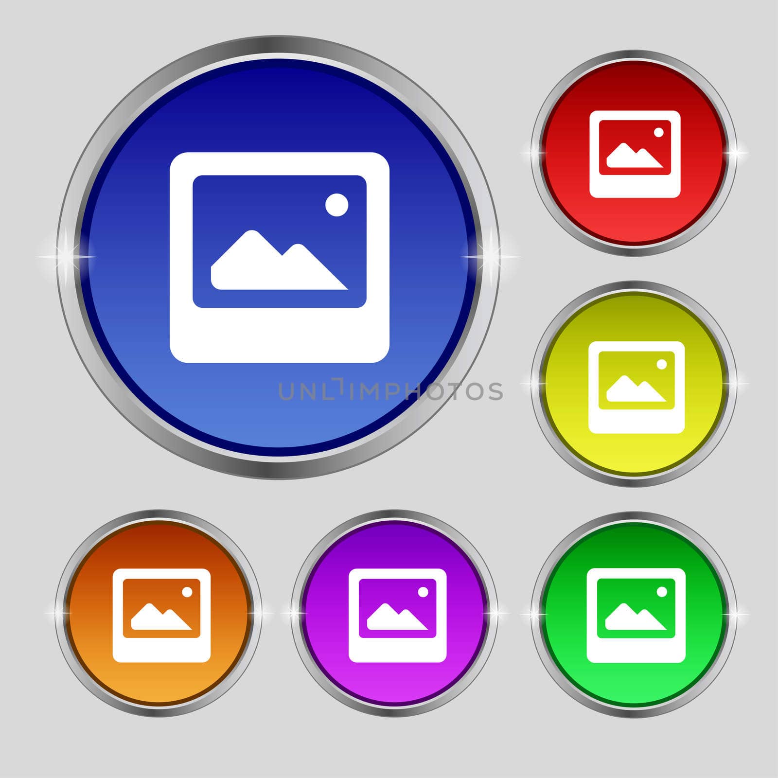 Photo frame template icon sign. Round symbol on bright colourful buttons.  by serhii_lohvyniuk