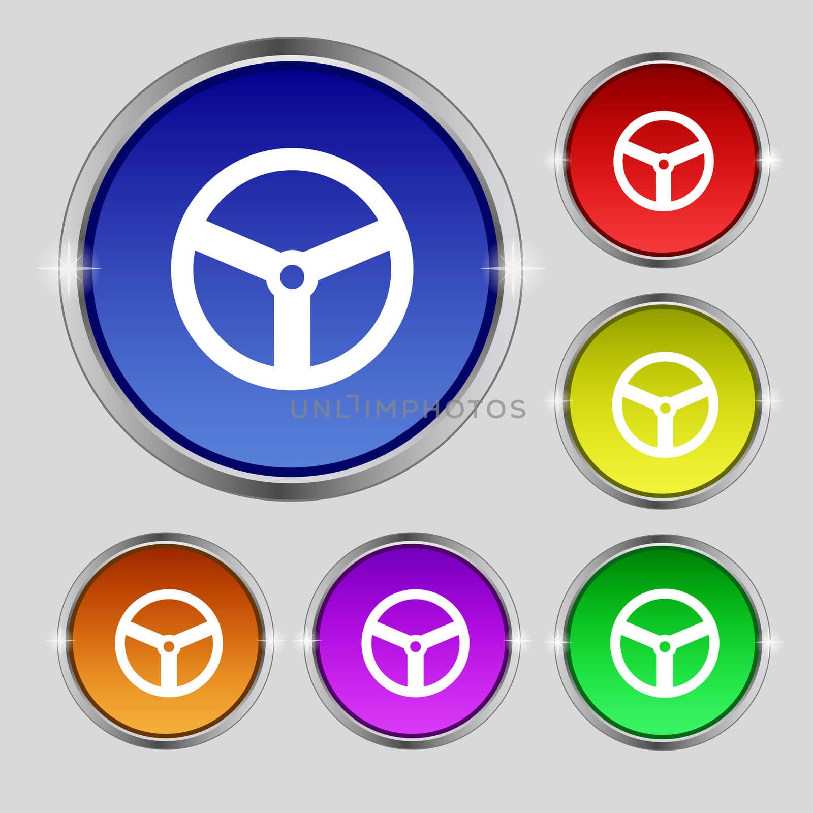 Steering wheel icon sign. Round symbol on bright colourful buttons. illustration