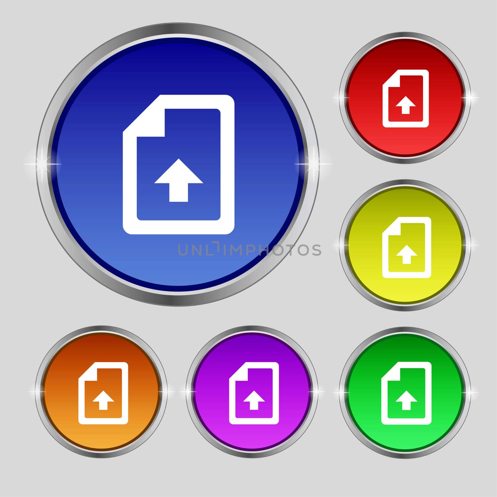 Export, Upload file icon sign. Round symbol on bright colourful buttons. illustration