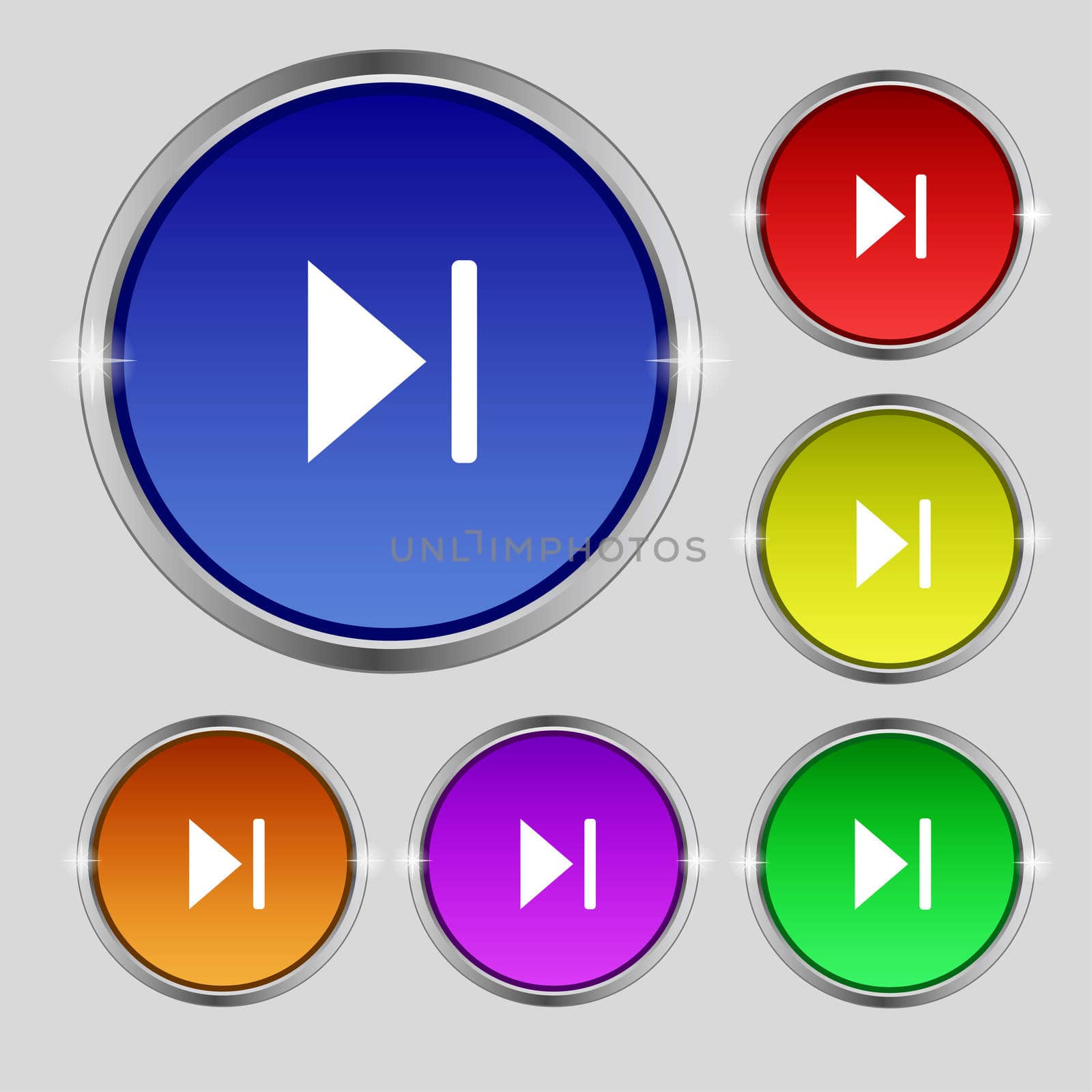 next track icon sign. Round symbol on bright colourful buttons. illustration