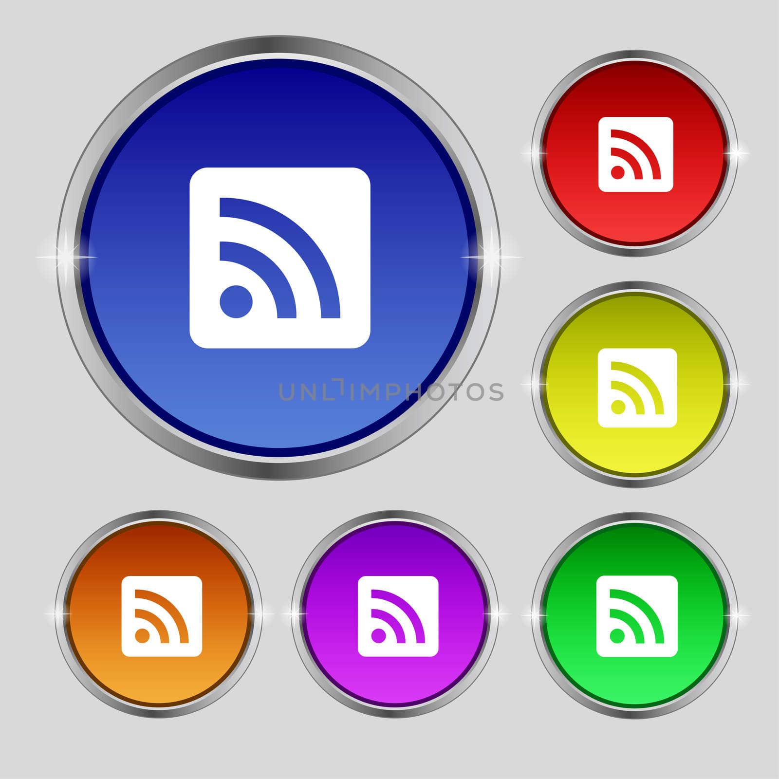 RSS feed icon sign. Round symbol on bright colourful buttons.  by serhii_lohvyniuk