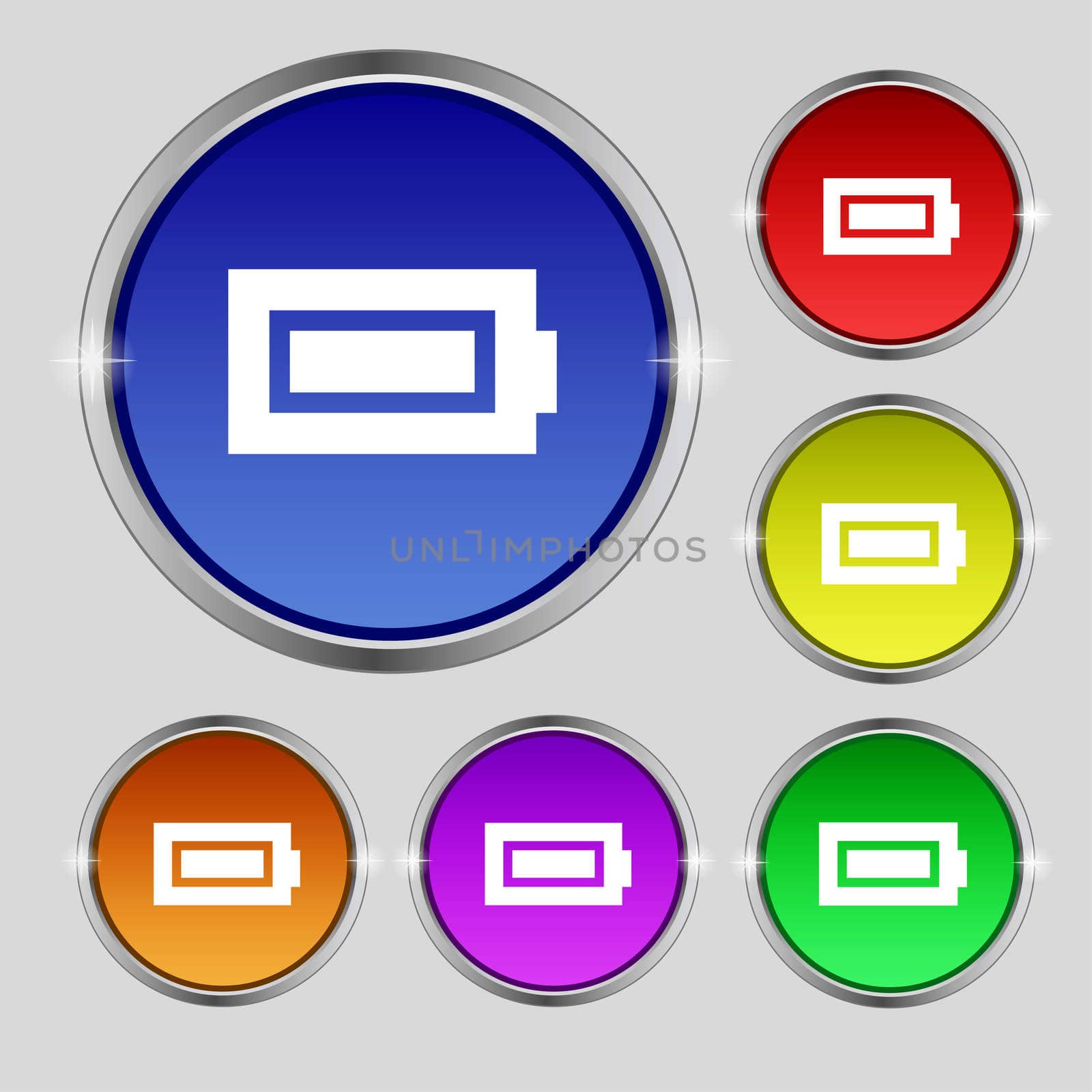 Battery fully charged icon sign. Round symbol on bright colourful buttons. illustration