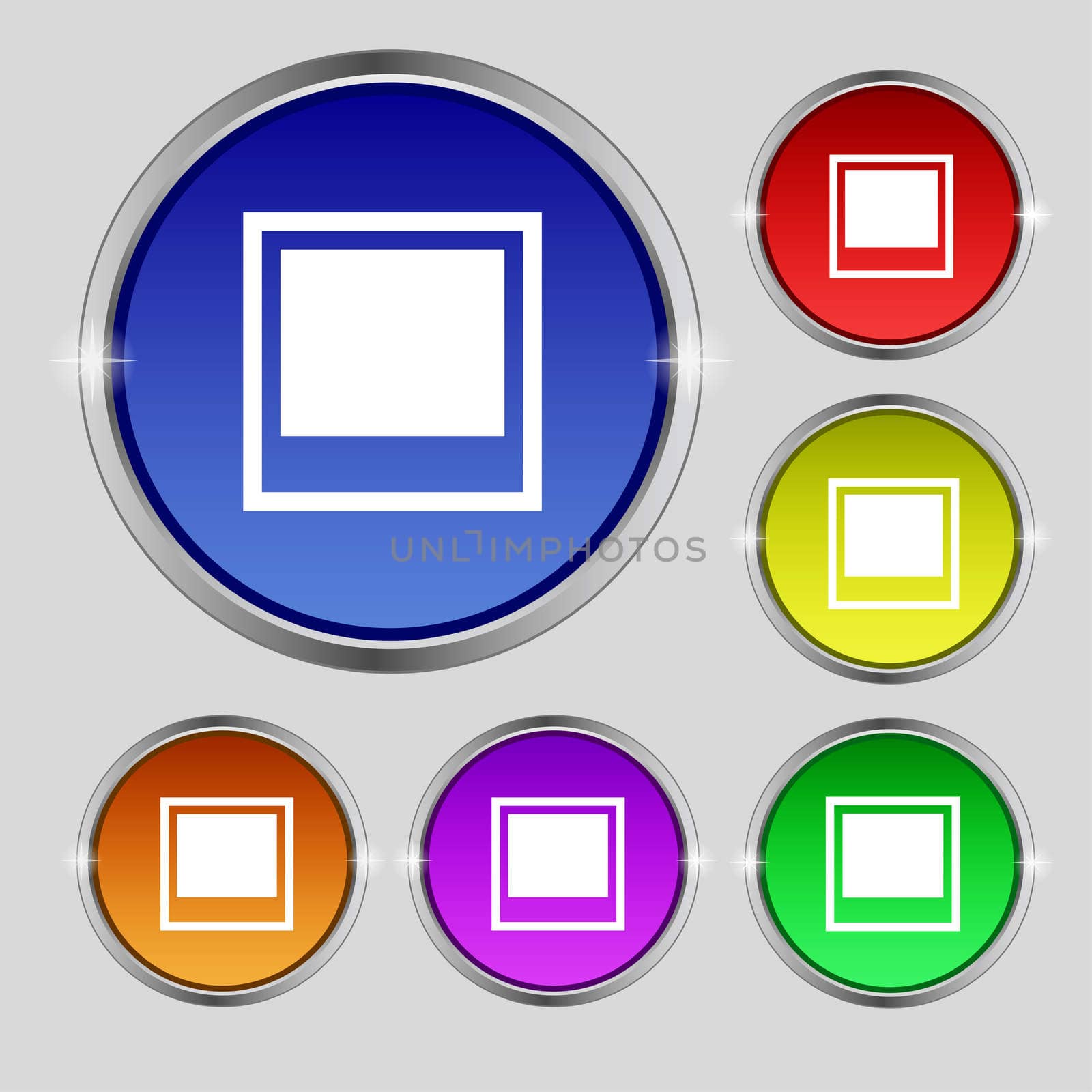Photo frame template icon sign. Round symbol on bright colourful buttons. illustration