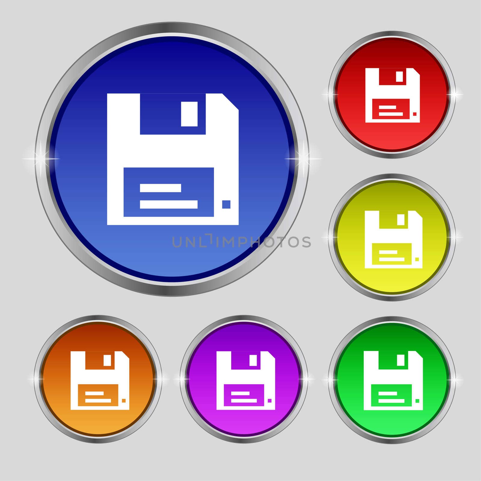 floppy icon sign. Round symbol on bright colourful buttons.  by serhii_lohvyniuk