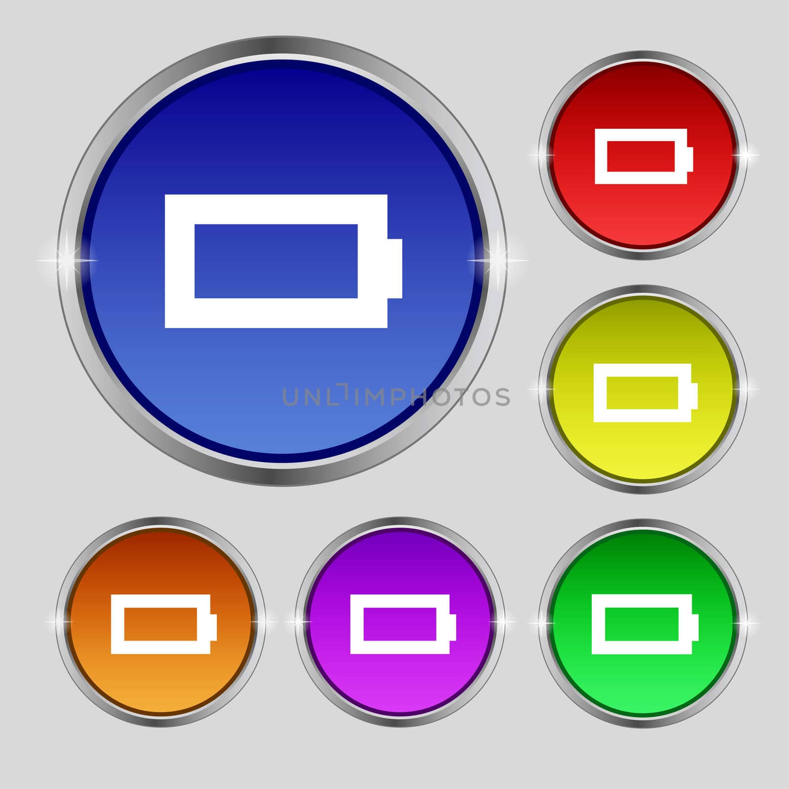Battery empty icon sign. Round symbol on bright colourful buttons. illustration