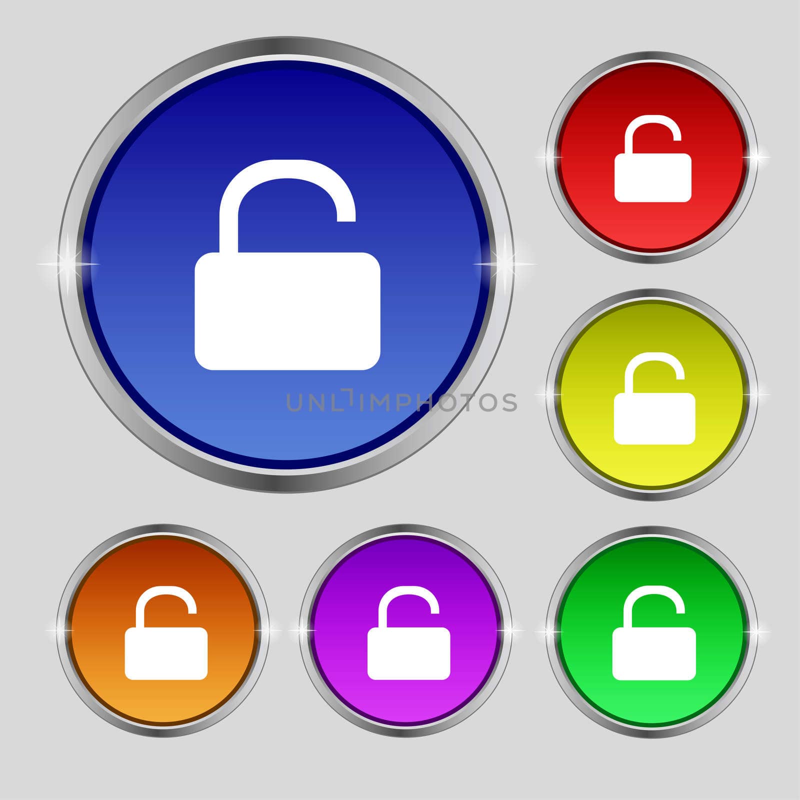 Open Padlock icon sign. Round symbol on bright colourful buttons. illustration