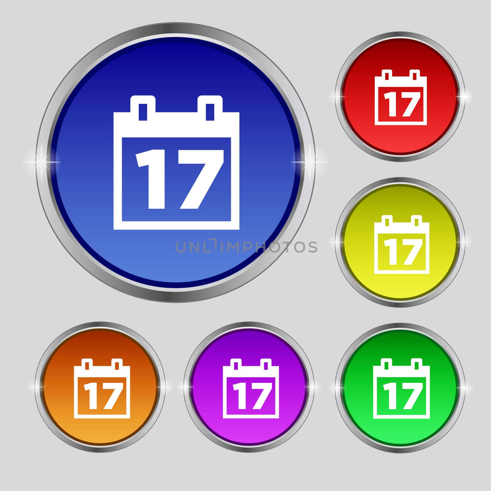 Calendar, Date or event reminder icon sign. Round symbol on bright colourful buttons.  by serhii_lohvyniuk