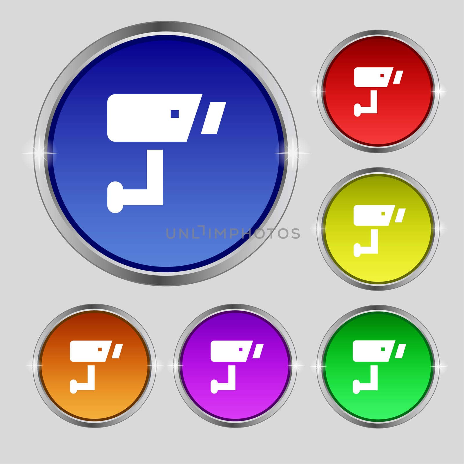Surveillance Camera icon sign. Round symbol on bright colourful buttons. illustration