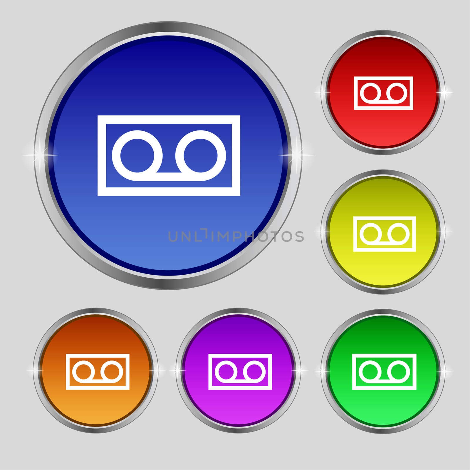 audio cassette icon sign. Round symbol on bright colourful buttons.  by serhii_lohvyniuk