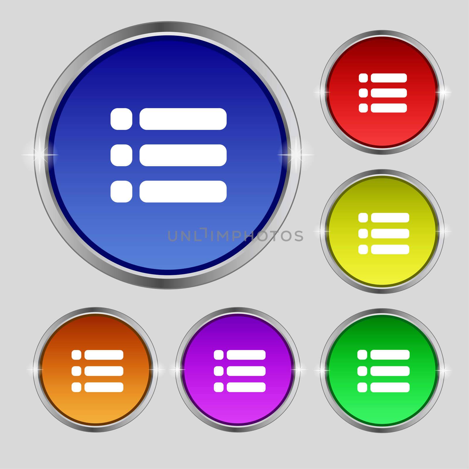 List menu, Content view options icon sign. Round symbol on bright colourful buttons.  by serhii_lohvyniuk