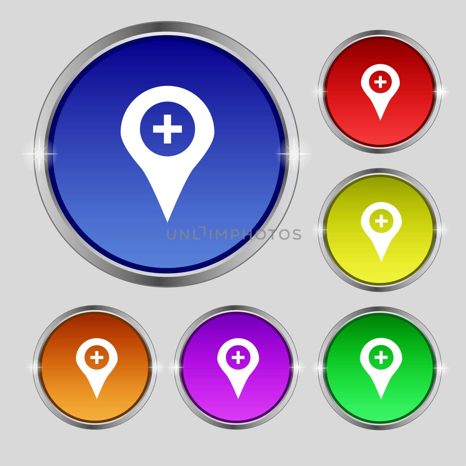 Plus Map pointer, GPS location icon sign. Round symbol on bright colourful buttons.  by serhii_lohvyniuk