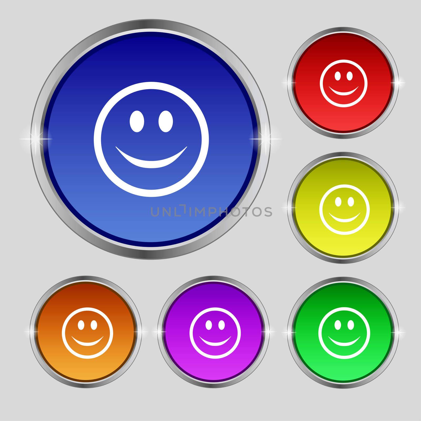 Smile, Happy face icon sign. Round symbol on bright colourful buttons.  by serhii_lohvyniuk
